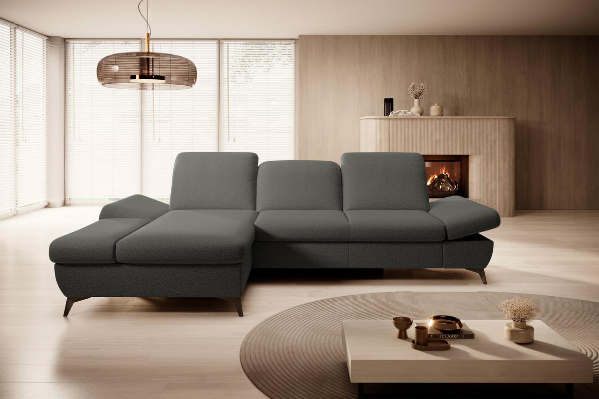 ECKSOFA FELICE L-S Grau Geflochtener Stoff mit Schlaffunktion - Grau, Holz (284/166cm) - MASSENO