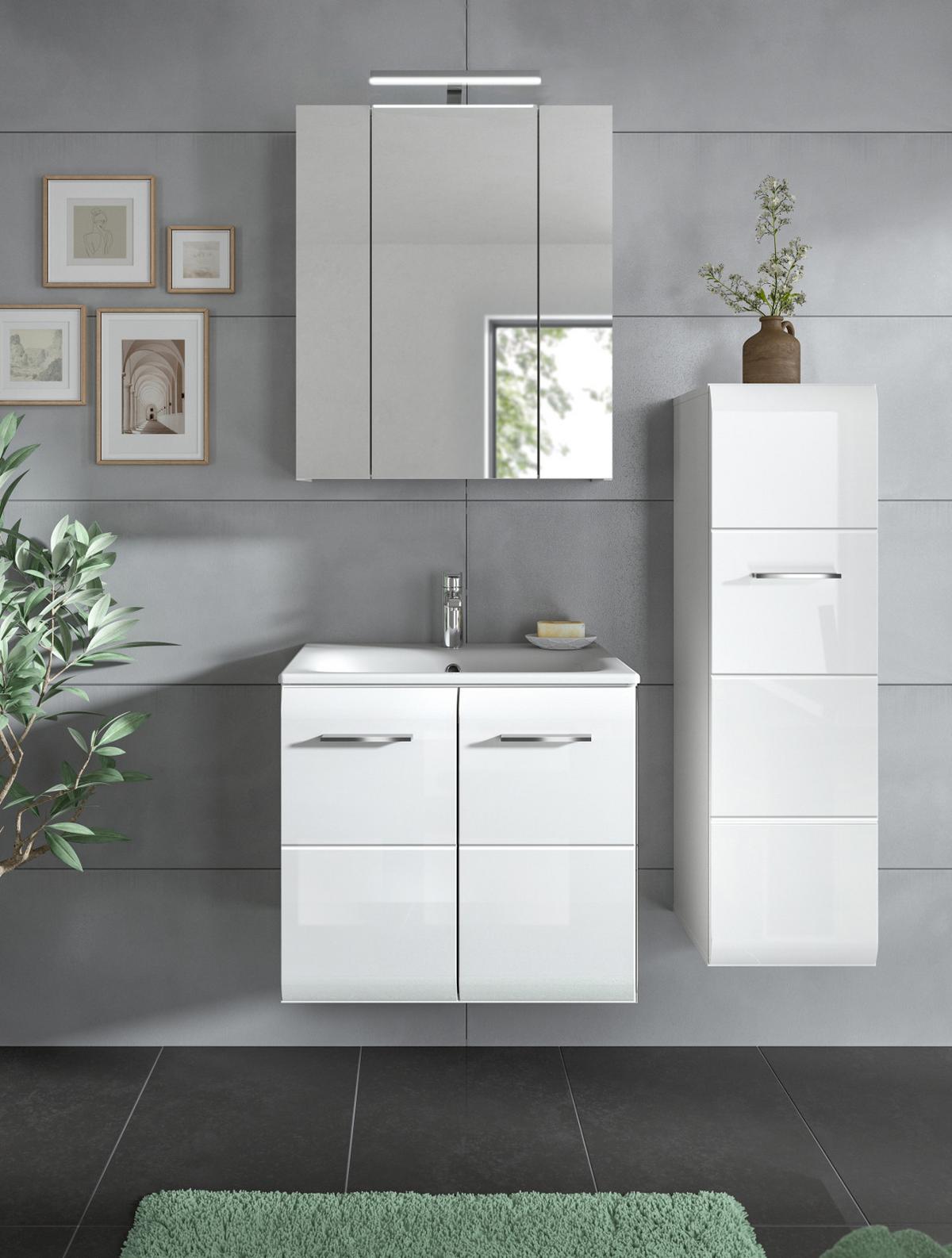 BADKOMMODE weiß Hochglanz 30 x 106 cm, Badezimmer Midischrank hängend oder stehend - Weiß Hochglanz/Silberfarben, Holzwerkstoff/Kunststoff (30/106/30cm) - Inn.Furn