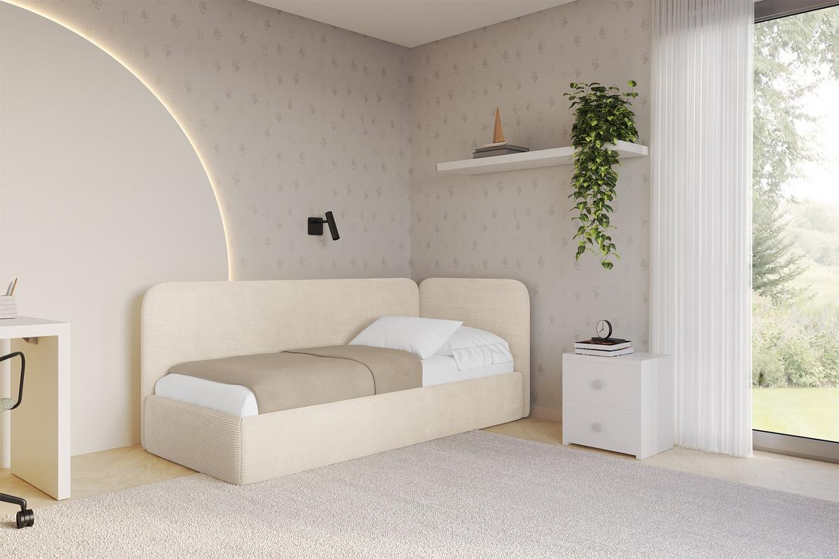 EINZELLBETT Jugendbett mit Bettkasten und Matratze H3/H4, Links - ELSY 80x200 Beige - Creme, Holzwerkstoff/Textil (80/200cm) - ALTDECOR