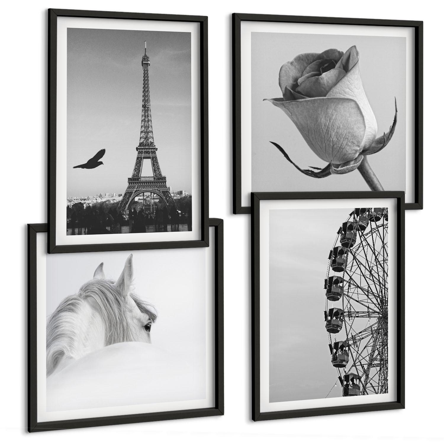 BILDER SET 4er Set - 50x50 cm & 40x60 cm Schwarzer Rahmen - Rose Eiffelturm Pferd Riesenrad S/W - Schwarz, Kunststoff (50/50cm) - TULUP