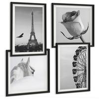 BILDER SET 4er Set - 50x50 cm & 40x60 cm Schwarzer Rahmen - Rose Eiffelturm Pferd Riesenrad S/W - Schwarz, Kunststoff (50/50cm) - TULUP