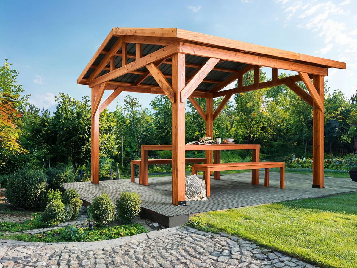 PAVILLON Tannenholz 296/350 cm Braun/Grau Secchia - Dunkelgrau/Braun, Holz (296/256/350cm) - Beliani