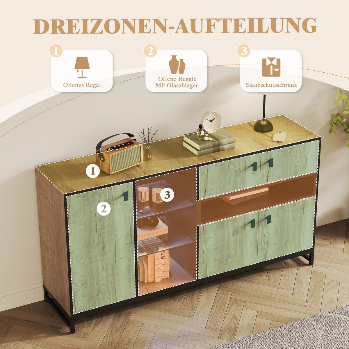 SIDEBOARD 160 cm Naturholz & Schwarz mit Doppeltüren, Glasregal & Metallrahmen im modernen Stil - Naturfarben, Holzwerkstoff (160/84.5/40cm) - Urban Meuble