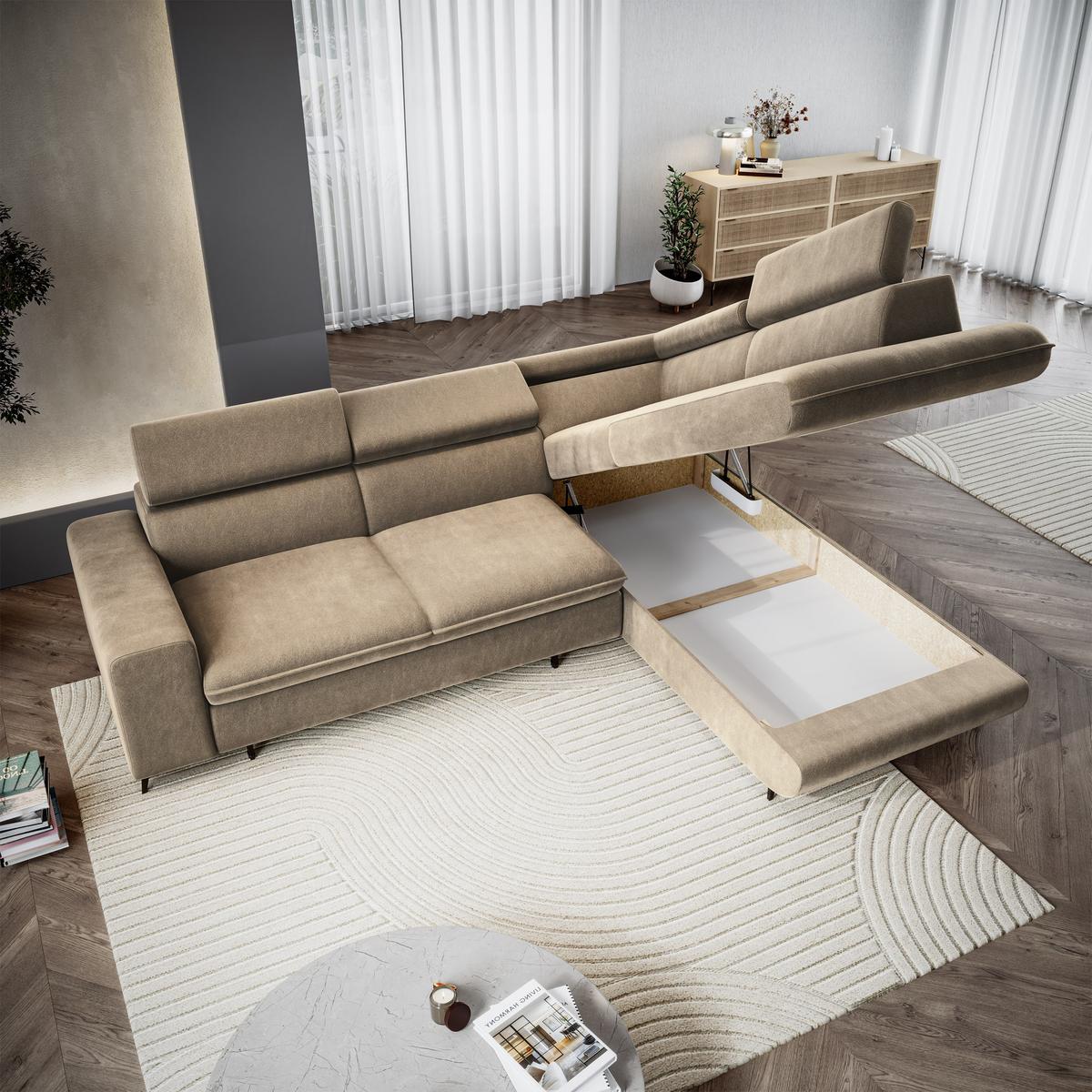 ECKSOFA VELISS Beige Veloursstoff mit Schlaffunktion - Beige, Holz (255/193cm) - MASSENO