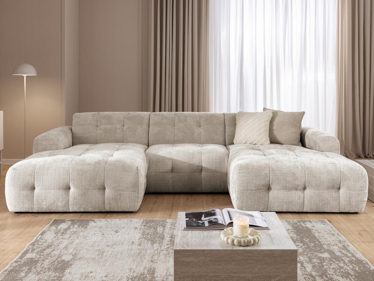 WOHNLANDSCHAFT Kozy im Bumpy-Design mit fester Rückenlehne aus weichem Dunkelbeige Chenille-Stoff - Beige/Schwarz, Holz/Kunststoff (323/79/161cm) - S-Style Möbel