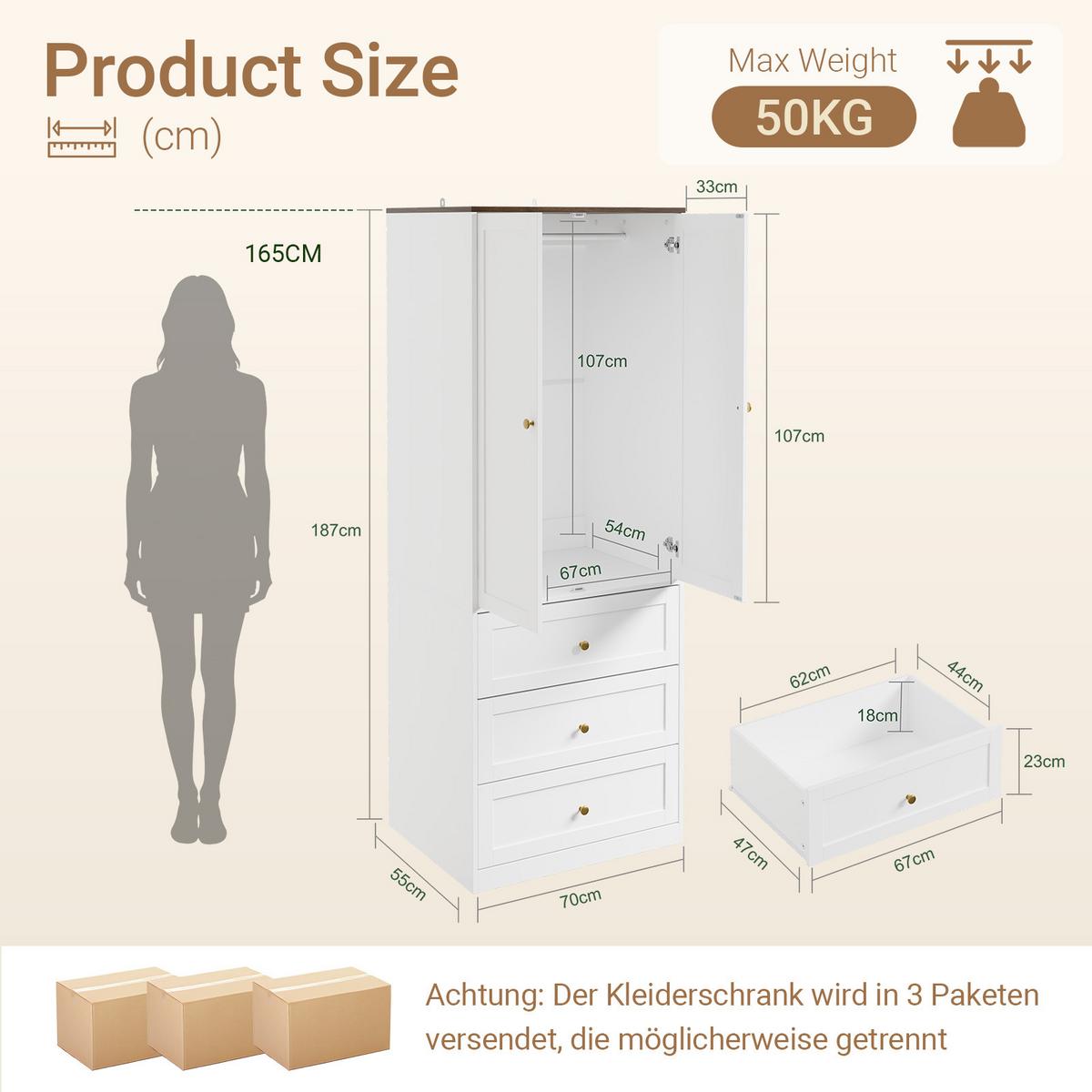 KLEIDERSCHRANK mit Schubladen KSB04-W - Ahornfarben, Fell (70/187/55cm) - SoBuy