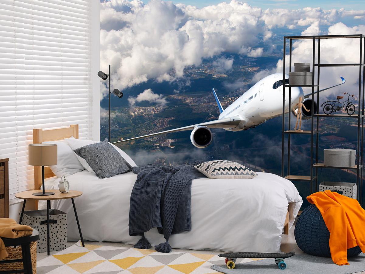 FOTOTAPETE für Jugendzimmer Flugzeug Start Wolken Himmel 300x210 - Blau/Beige, Papier (300/210cm) - Muralo