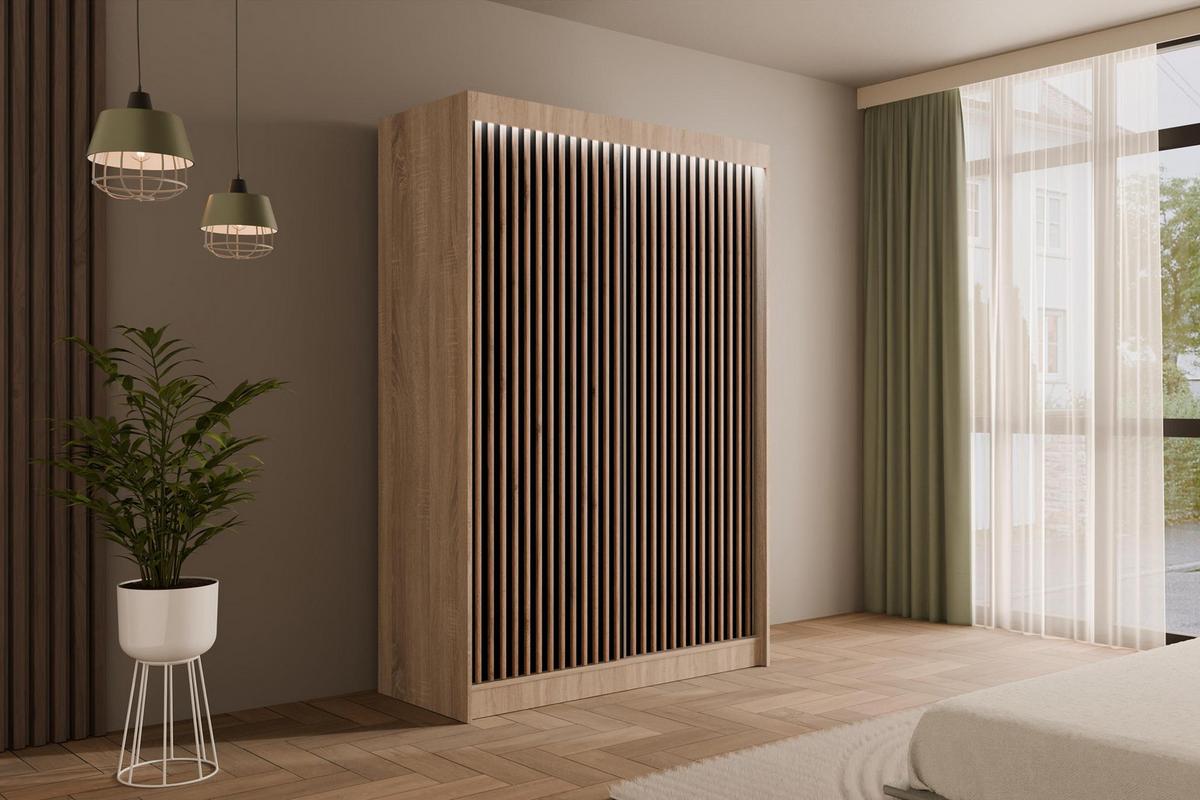 KLEIDERSCHRANK mit LED, Lamel-Schiebetüren VILANv2 - 120 cm Sonoma Eiche + Lamelle Eiche Wotan - Eiche Wotan/Sonoma Eiche, Holzwerkstoff (120/215/61cm) - ALTDECOR