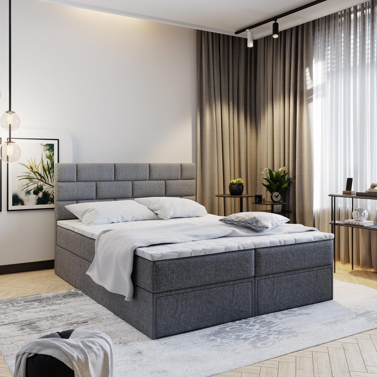 BOXBETT ARINOS 160x200 cm mit Matratze und Topper - Grau - Grau, Holz (160/200cm) - MASSENO