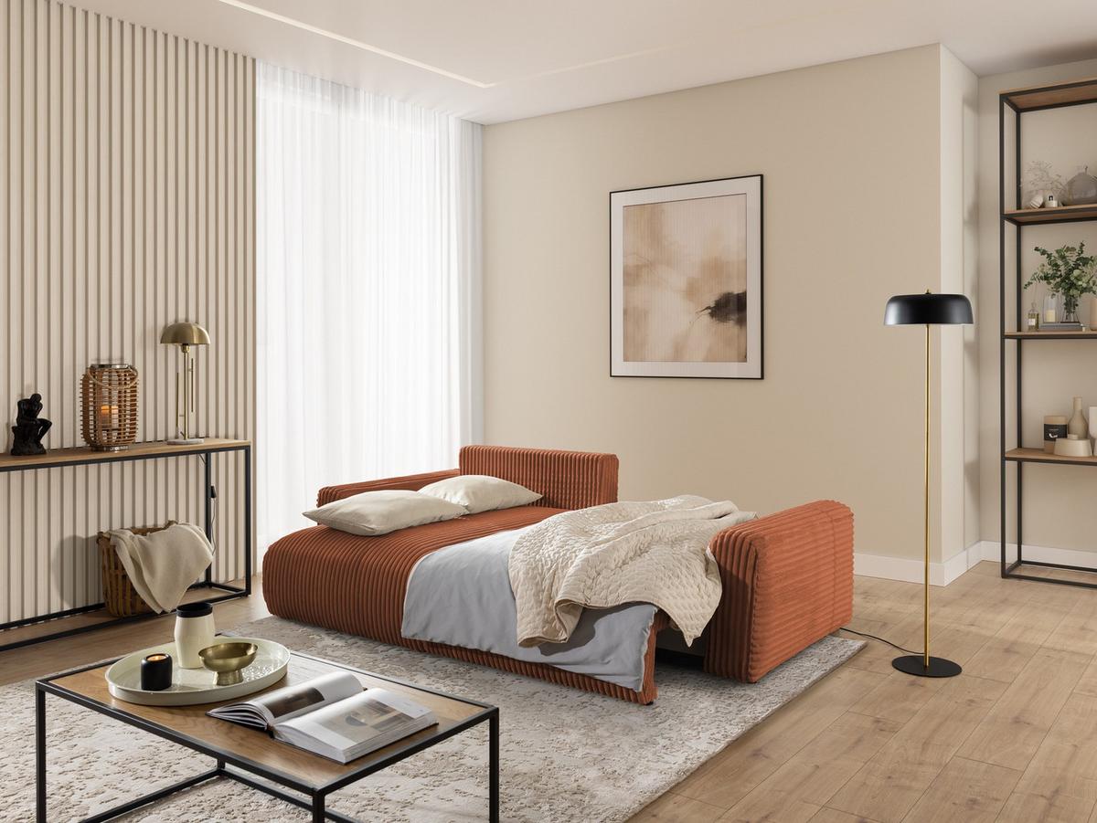 ECKSOFA Calma mit Schlaffunktion und Bettkasten im Bumpy-Design aus weichem Terrakotta Plüschcord - Ottomane links - Terracotta/Schwarz, Holz/Kunststoff (239/140cm) - S-Style