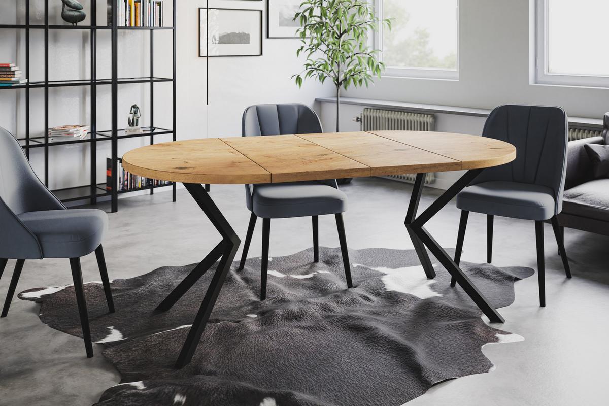 RUNDER Esszimmertisch LOFT LITEN, ausziehbarer Tisch Durchmesser: 90 cm/170 cm, Wohnzimmertisch Farbe: Hellbraun, mit Metallbeinen in Farbe Schwarz - Beige/Schwarz, Holzwerkstoff (90/90/76cm) - Alpi-Möbel