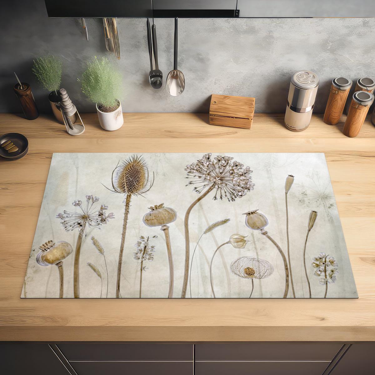HERDABDECKPLATTE Blumen - Aquarell - Stilleben - Braun - Vintage Ceranfeldabdeckung 85x52 cm - Sandfarben, Kunststoff (85/52/0.2cm) - MuchoWow