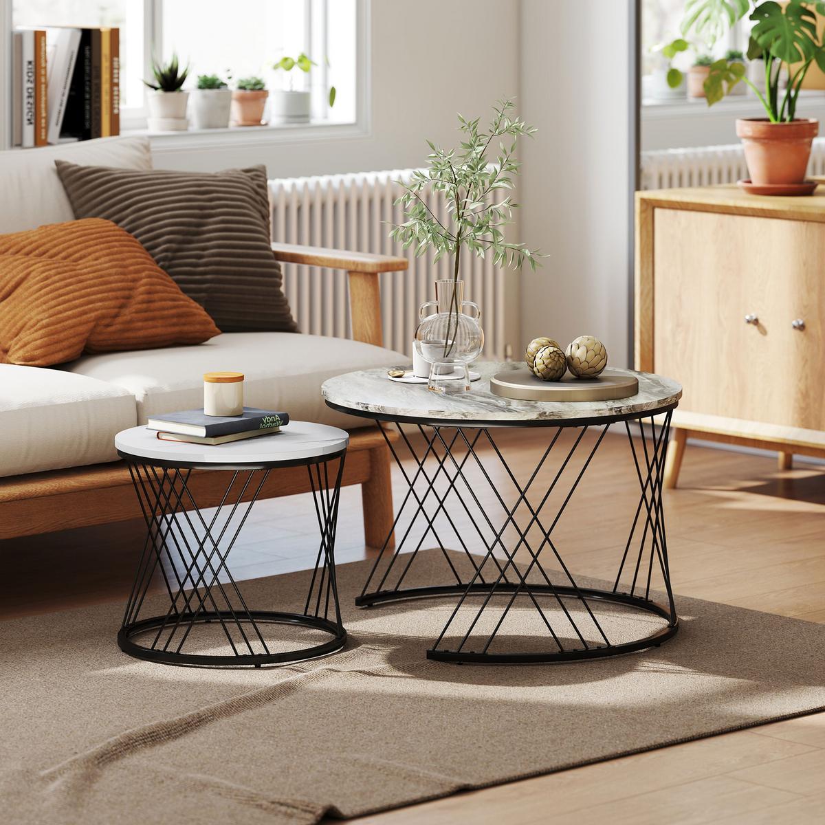 COUCHTISCH-SET 2er Set Spanplatte Metall Grau+Weiß+Schwarz - Multicolor/Schwarz, Holzwerkstoff/Metall (70/70/46.5cm) - HOMCOM
