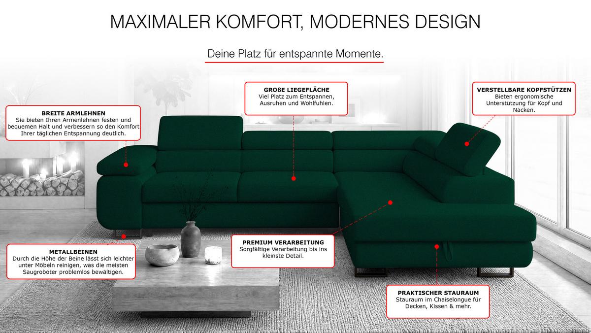 ECKSOFA Velmo mit Bettkasten und Schlaffunktion, verstellbaren Kopfstützen, in L-Form - Dunkelgrün, Textil (275/203cm)