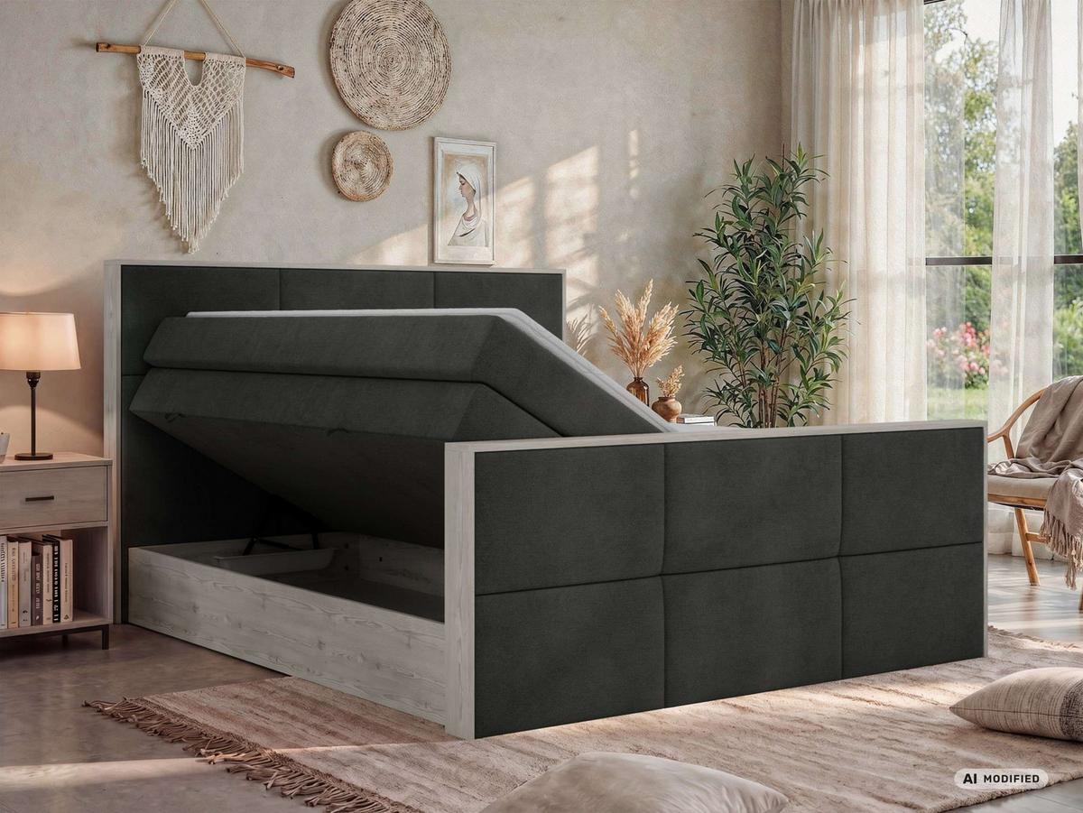 BOXSPRINGBETT DELNOR KING DUO 200/200 - Dunkelgrau Stukture - Topper Visco - H3 - Dunkelgrau/Schwarz, Kunststoff/Textil (200/200cm) - MKS