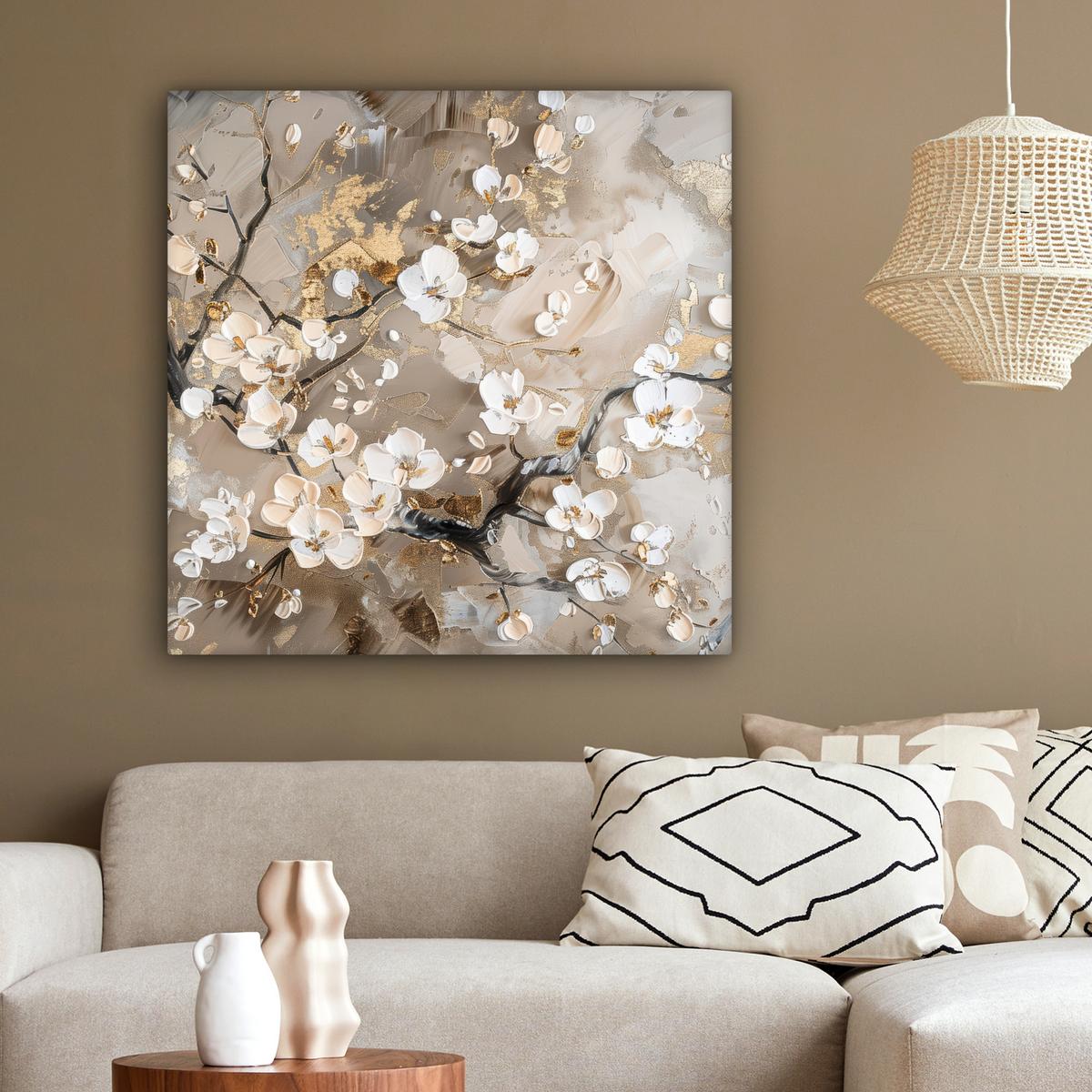 LEINWANDBILD Blumen - Weiß - Gold - Beige - Luxus Deko Groß 90x90 cm - Greige, Textil (90/90cm) - MuchoWow