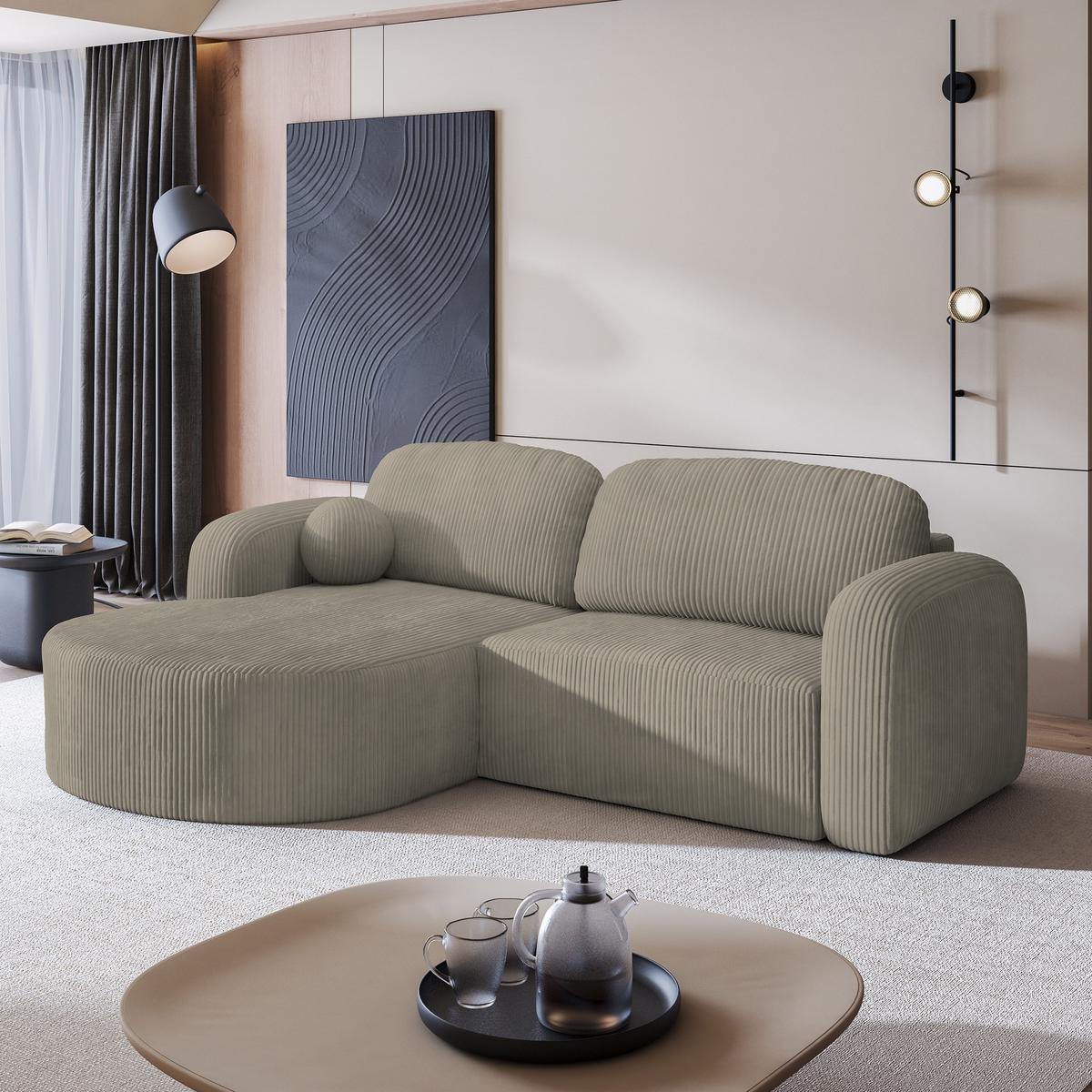 ECKSOFA AMILIA P L-S Beige Kordstoff mit Schlaffunktion - Beige, Holz (263/174cm) - MASSENO