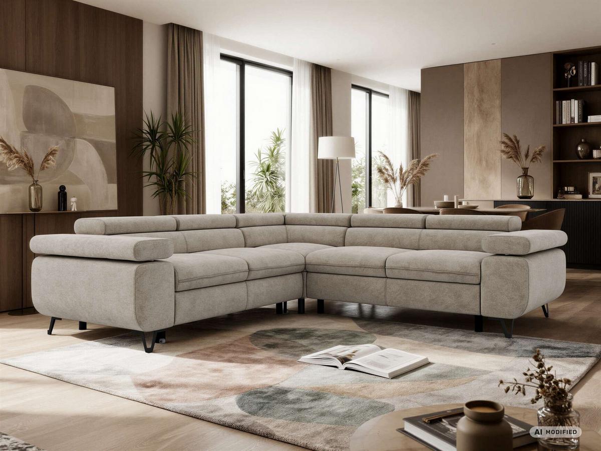 ECKSOFA QUADRO L - Greige Stukture - Rechts Seite - Greige/Schwarz, Textil/Metall (269/269cm) - MKS
