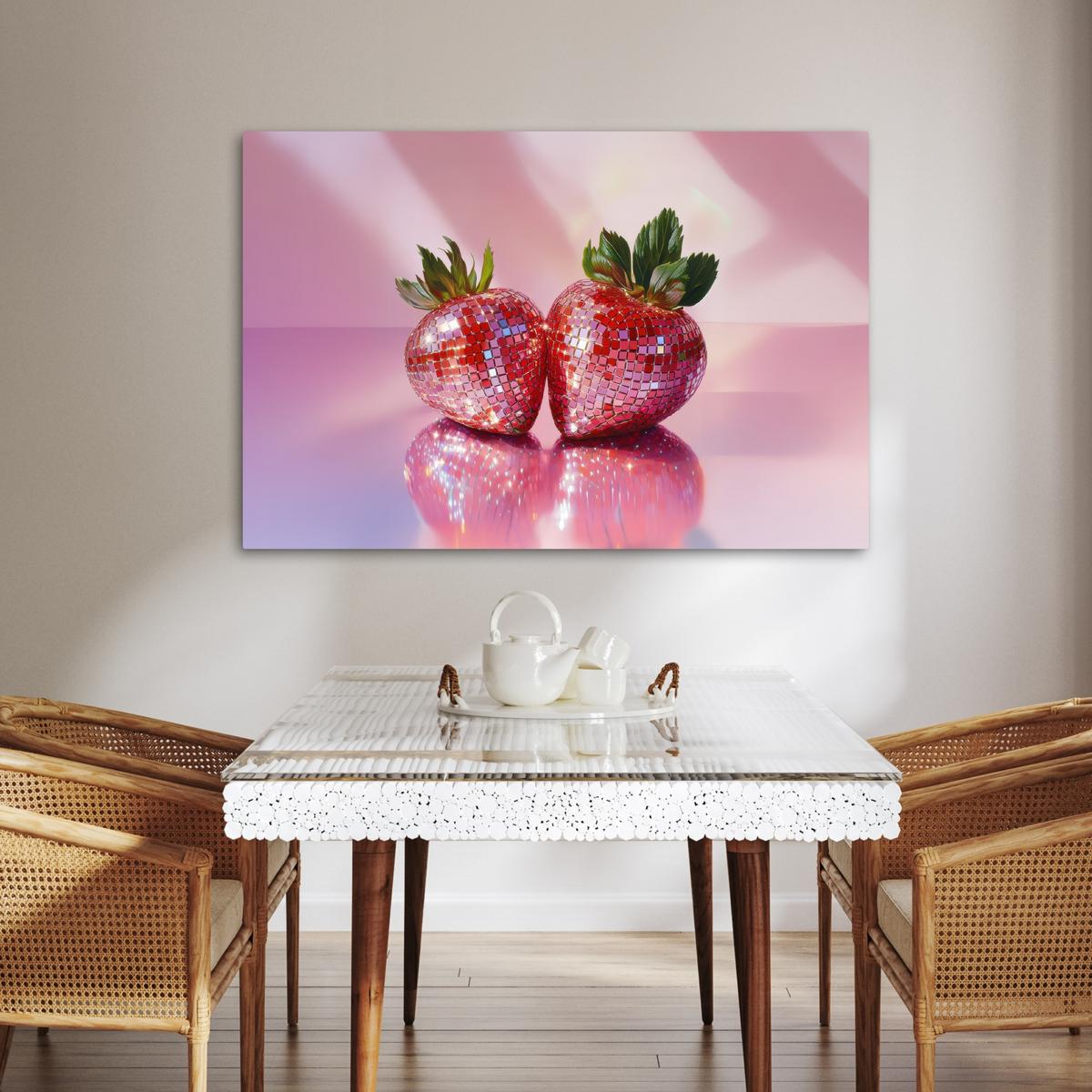 LEINWANDBILD Disco - Obst - Glitzer - Erdbeere Wohnzimmer Groß 120x80 cm - Pink, Textil (120/80cm) - MuchoWow