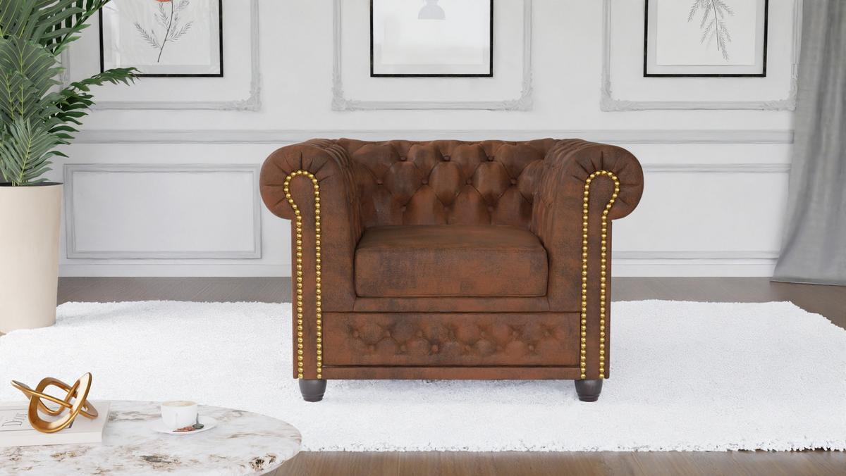 CHESTERFIELD-SESSEL Flux Braun Microfaser Vintageoptik - Braun, Holz/Textil (94/72/86cm) - S-Style Möbel