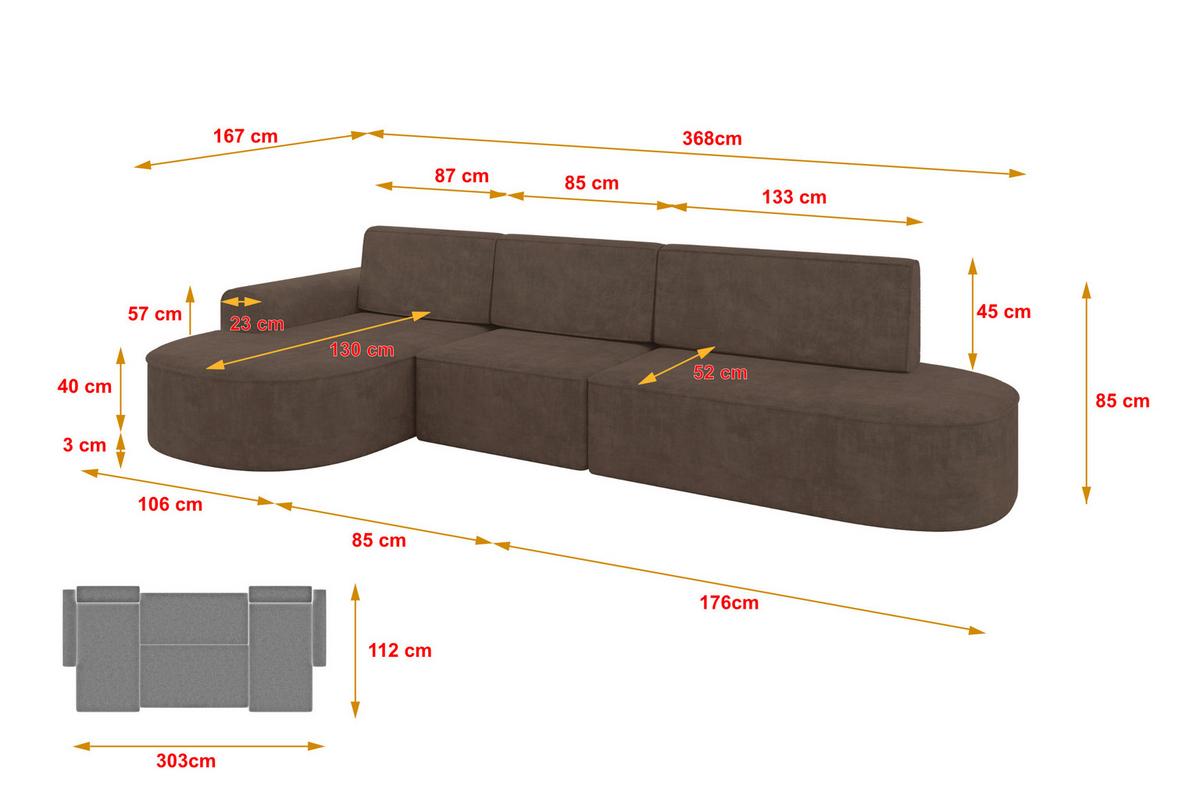 ECKSOFA mit Schlaffunktion Ottomane Links MARI L2-S 368X167X85 Braun Velours - Alteiche/Schwarz, Holzwerkstoff/Kunststoff (368/167cm) - ALTDECOR