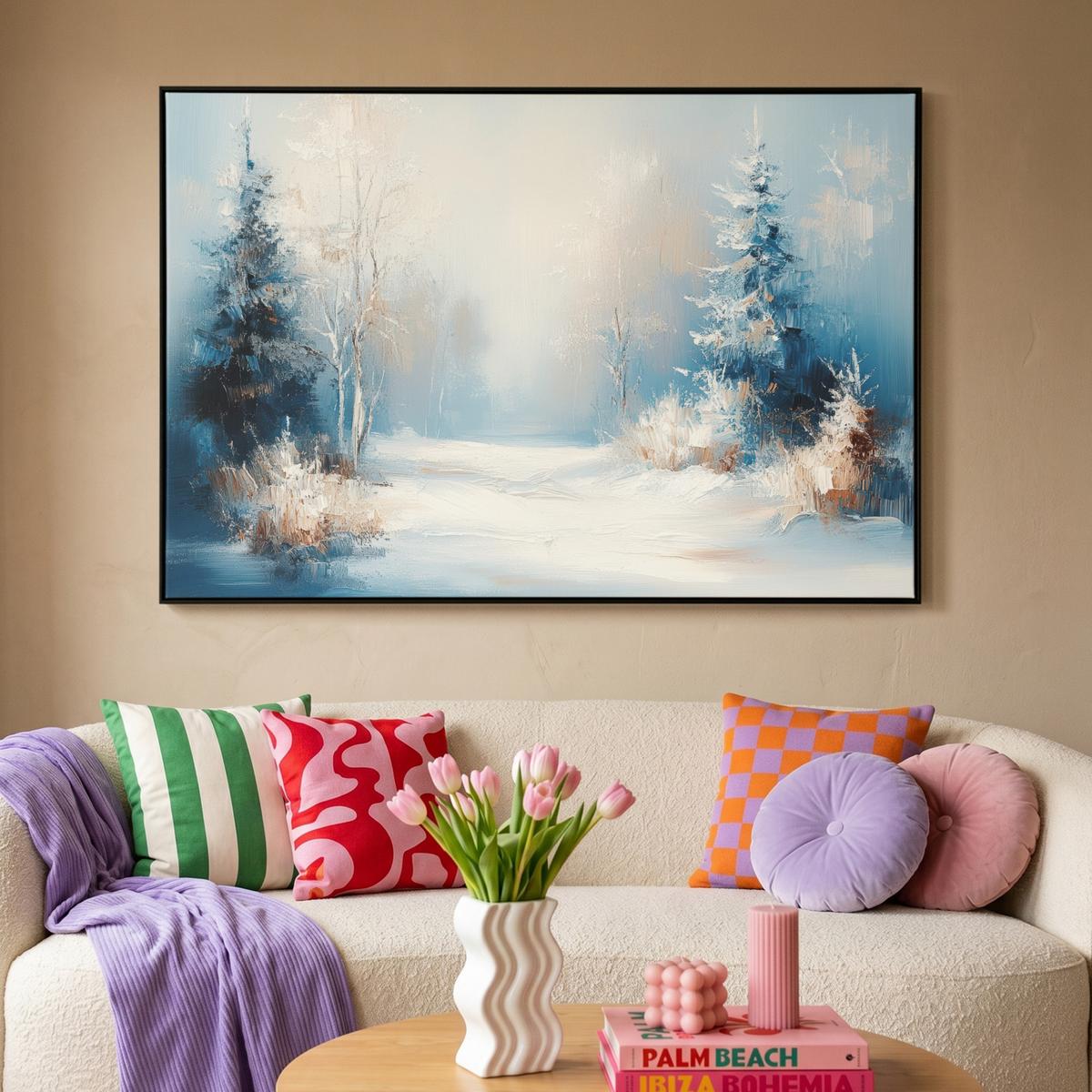 LEINWAND Bilder mit Rahmen - Wald – Winter – Natur – Abstrakt – Schnee - 150x100 - Weiß, Textil (150/100cm) - MuchoWow