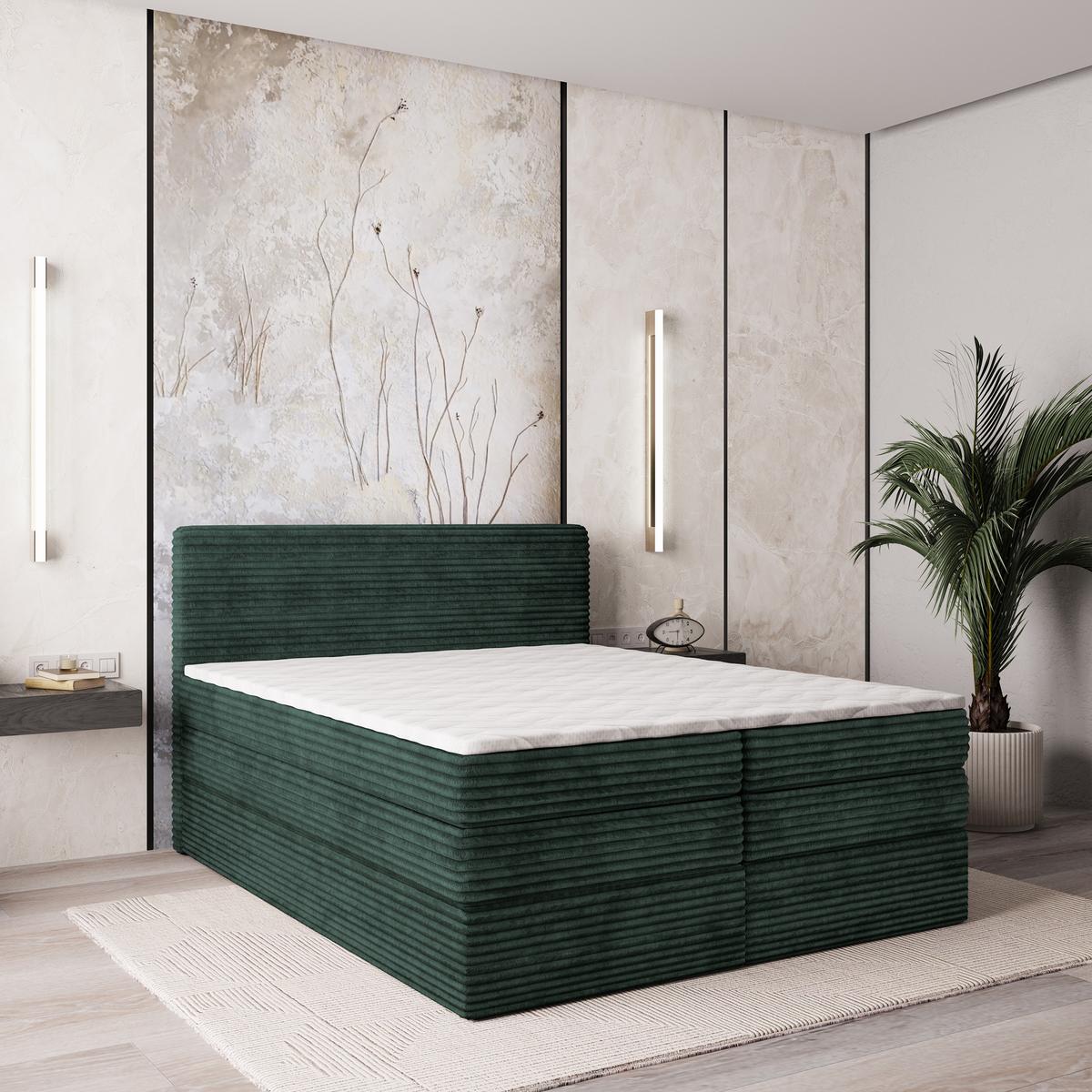 BOXSPRINGBETT LUNERA 180x200 cm mit Matratze und Topper - Grün - Grün, Holz (180/200cm) - MASSENO