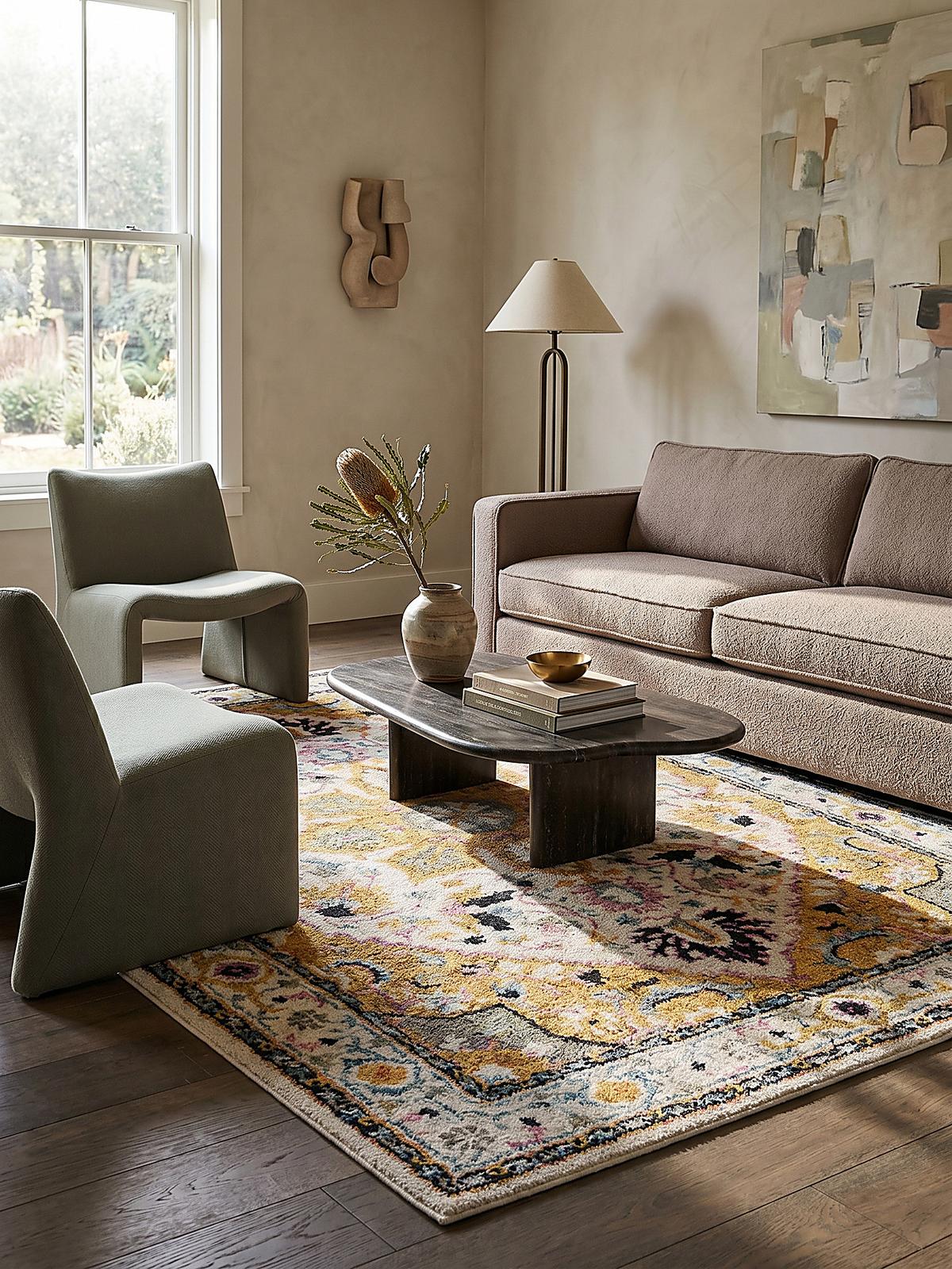 WOLLTEPPICH SOAR, klassisch-floral, Gelb-Grau, 120 x 170 cm - Gelb, Textil (120/170cm) - KADIMA DESIGN
