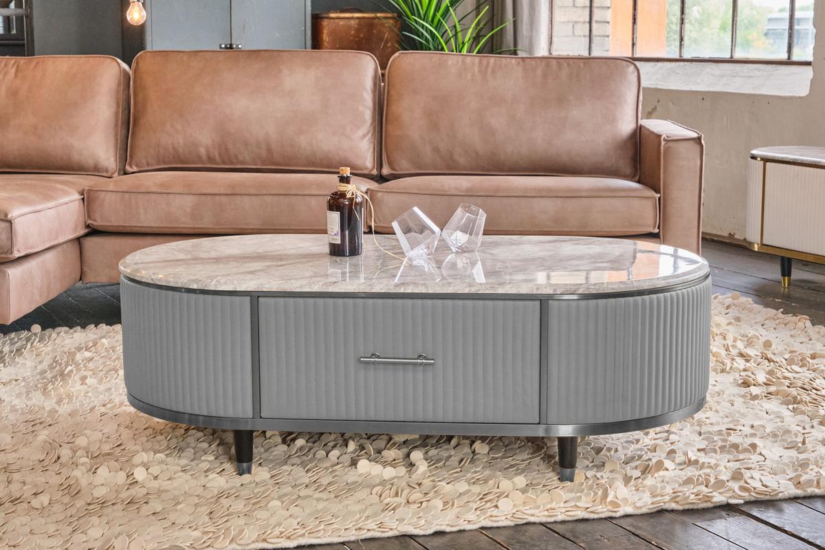 COUCHTISCH MARIA Grau Kunstleder, Marmor - Schwarz/Grau, Textil/Metall (70/130/45cm) - KAWOLA