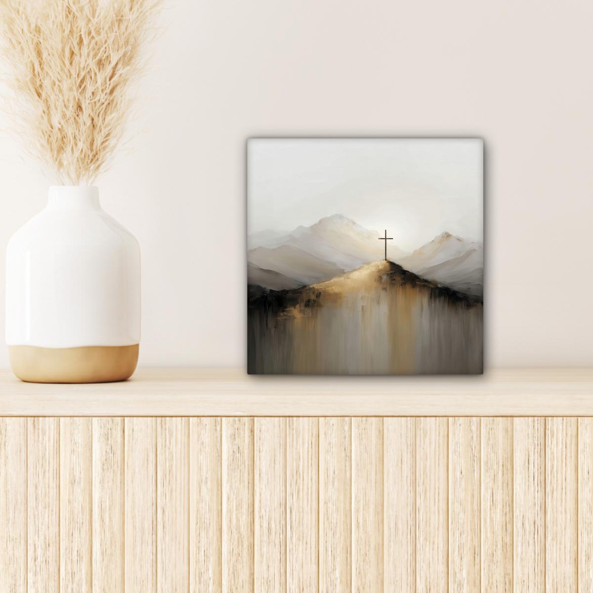 LEINWANDBILD Hügel - Abstrakt - Kreuz - Christentum Deko Wohnzimmer 20x20 cm - Beige, Textil (20/20cm) - MuchoWow