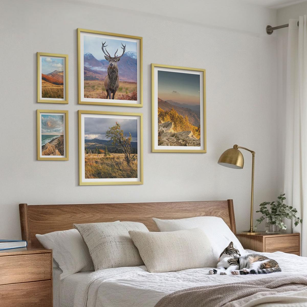 BILDER SET 5er Set - 50x50 cm & 20x30 cm & 40x60 cm Goldrahmen - Berglandschaften, Hirschgras - Goldfarben, Kunststoff (40/60cm) - TULUP