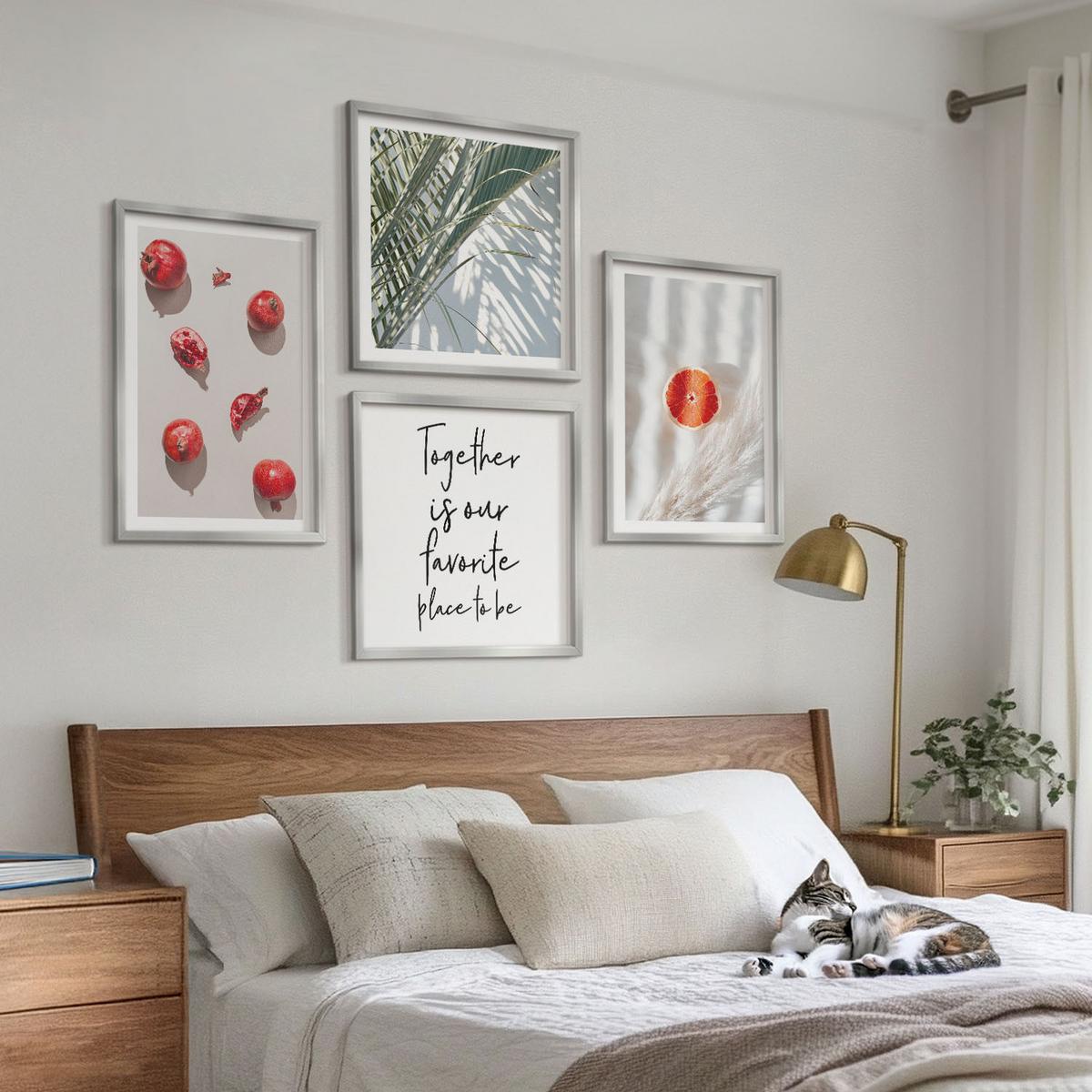 BILDER SET 4er Set - 50x50 cm & 40x60 cm Silberner Rahmen - Feiertags-Palmenfrucht-Inschrift - Silberfarben, Kunststoff (50/50cm) - TULUP
