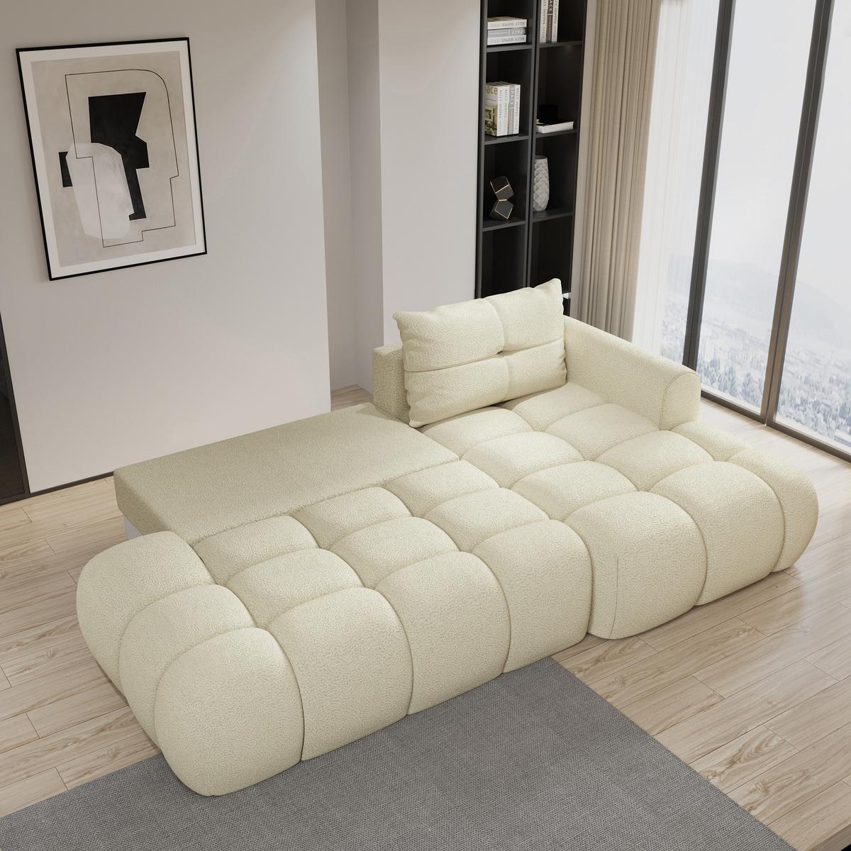 ECKSOFA FLUMA R-S Creme Boucle-Stoff mit Schlaffunktion - Creme, Holz (279/158cm) - MASSENO