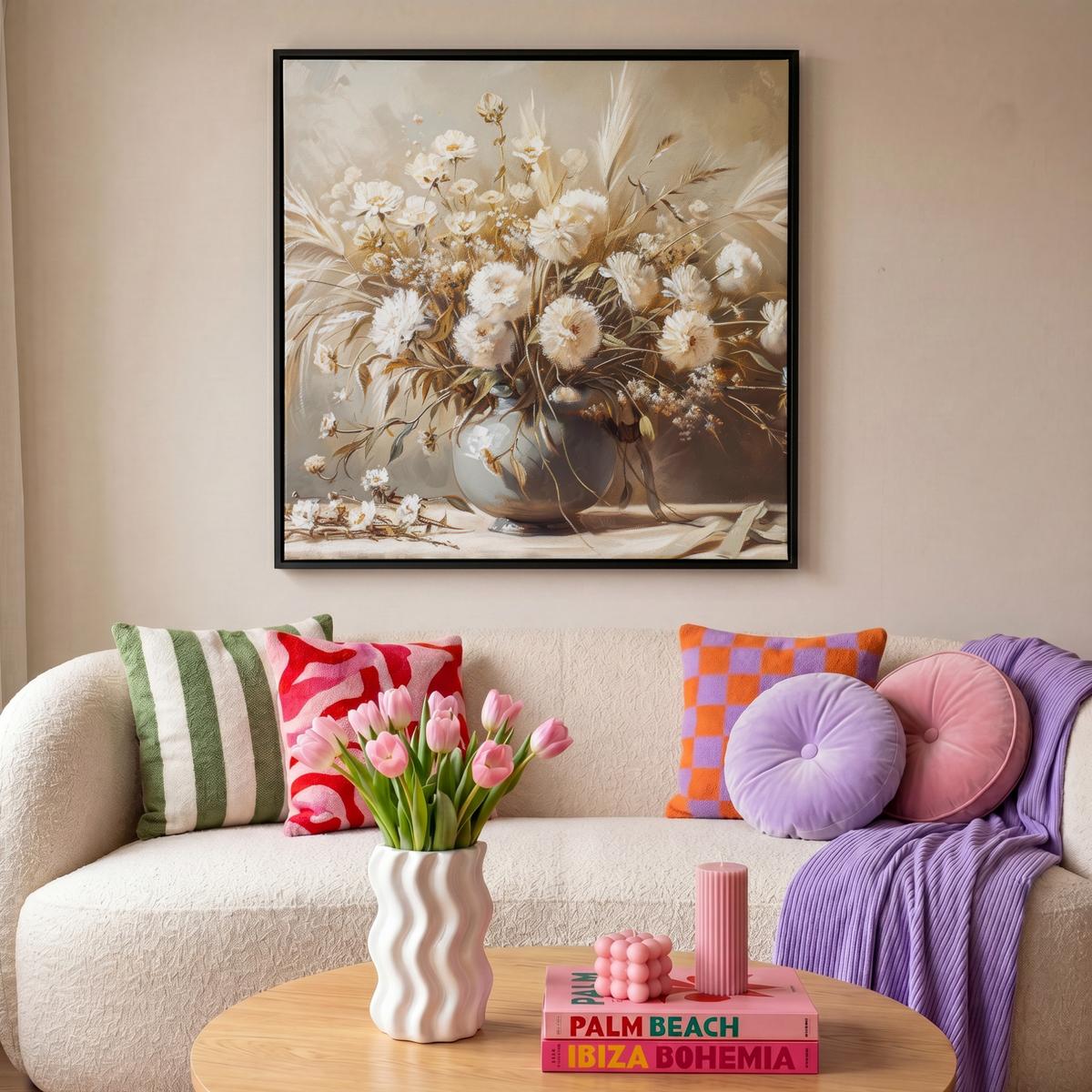 LEINWAND Bilder mit Rahmen - Blumen - Vase - Stilleben - Beige - 90x90 - Creme, Textil (90/90cm) - MuchoWow