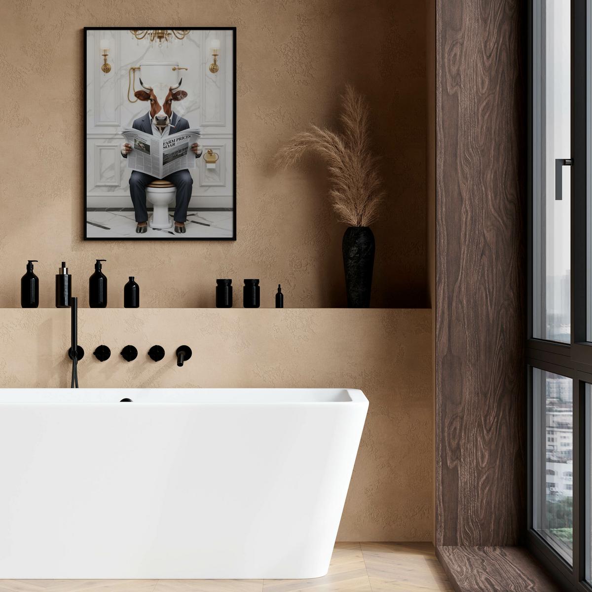 POSTER für WC Badezimmer KUH Bulle mit Zeitung auf Toilette Abstraktion 20x30cm - Gelb/Schwarz, Papier (20/30/30cm) - Muralo