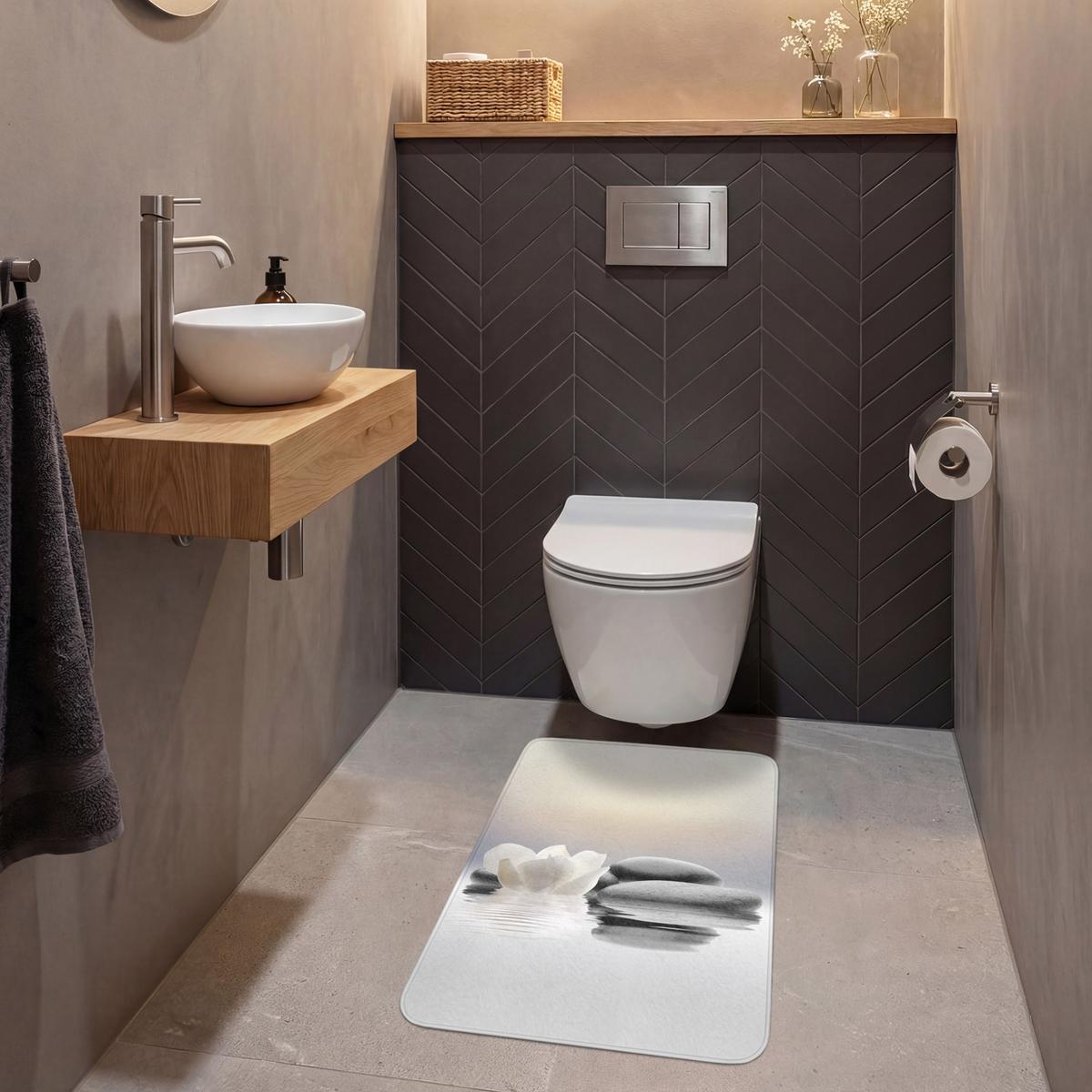 WC-VORLEGER Steine - Lotus - Weiß - Wasser - Zen WC Teppich 50x80 cm - Weiß, Textil (50/1cm) - OnlyWow