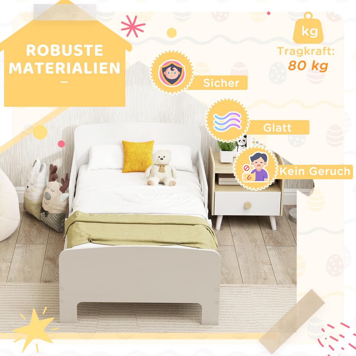 KINDERBETT, Kleinkindbett mit Rausfallschutz, Lattenrost, 143,5 x 74,2 cm Weiß - Weiß, Holzwerkstoff (70/140cm) - AIYAPLAY