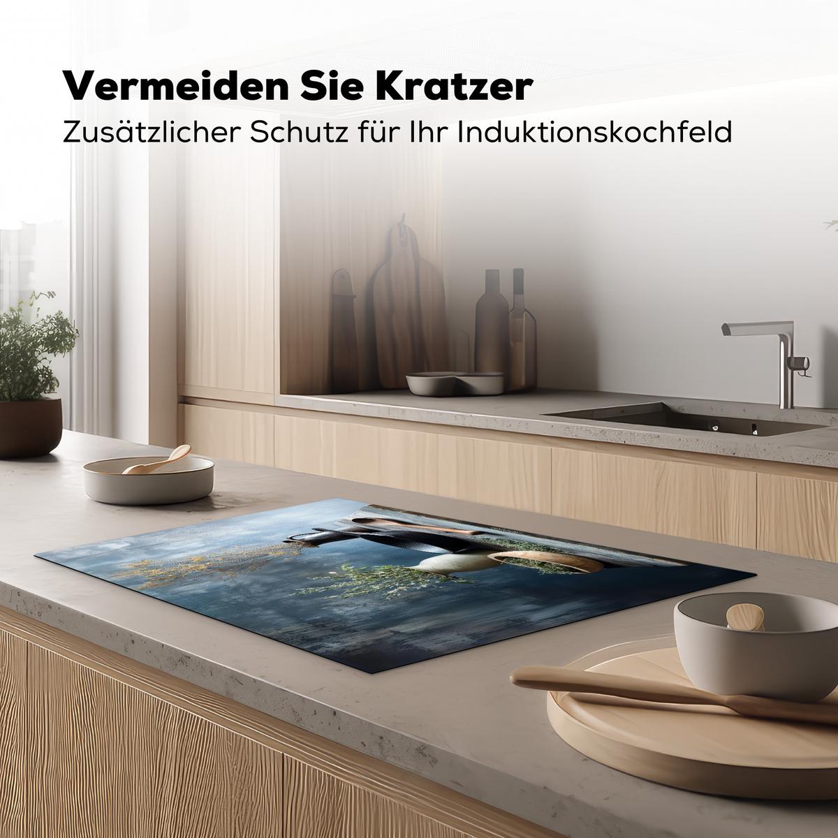HERDABDECKPLATTE Stilleben - Kräuter - Rustikal Ceranfeldabdeckung 78x52 cm - Blaugrau, Kunststoff (78/52/0.2cm) - MuchoWow