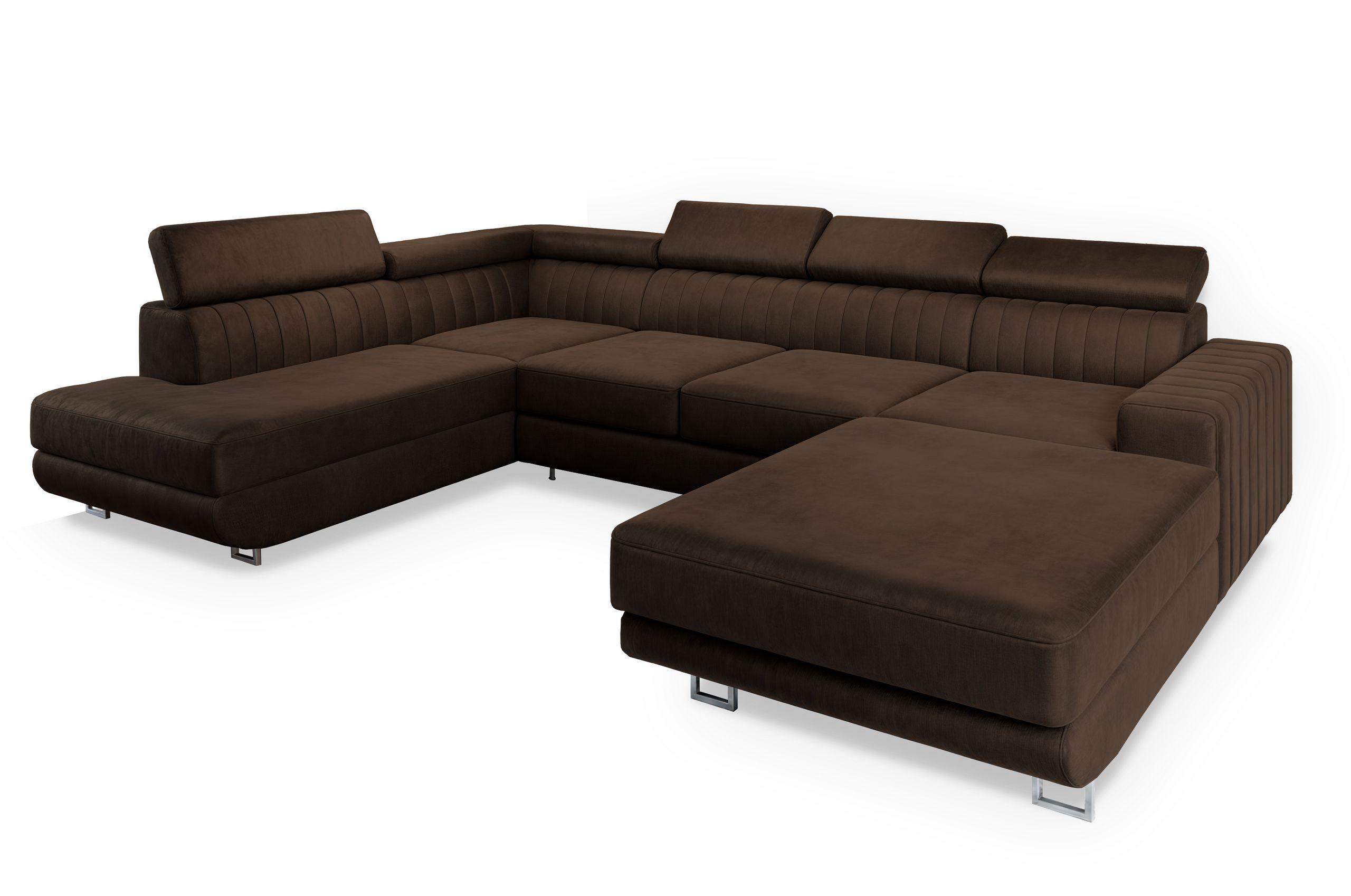 WOHNLANDSCHAFT SIENA L-S Braun Velours-Stoff mit Schlaffunktion - Silberfarben/Braun, Holz/Textil (335/89/190cm) - MASSENO