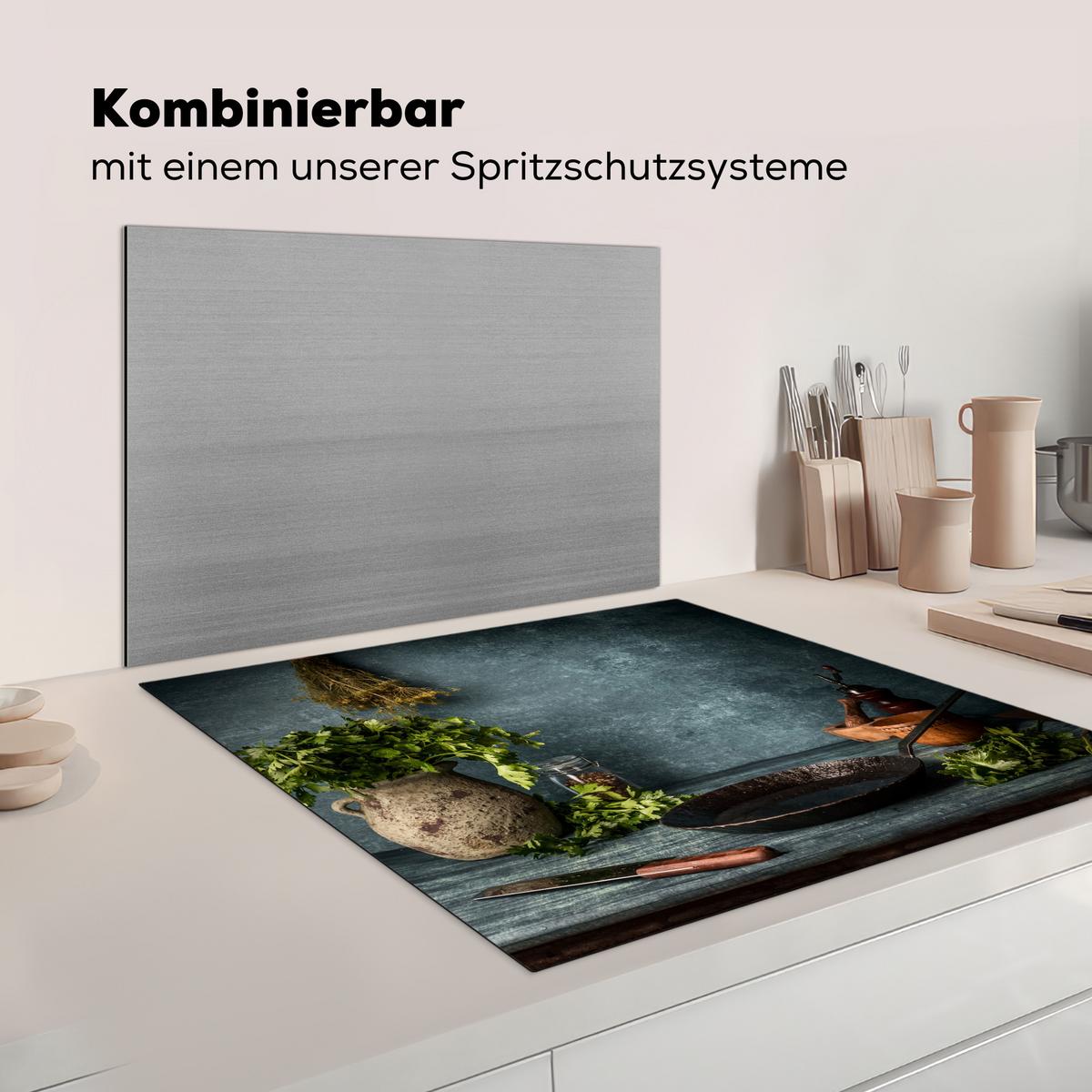 HERDABDECKPLATTE Kräuter - Gewürze - Pfanne - Messer - Grau - Rustikal Induktionsmatte 78x78 cm - Petrol, Kunststoff (78/78/0.2cm) - MuchoWow