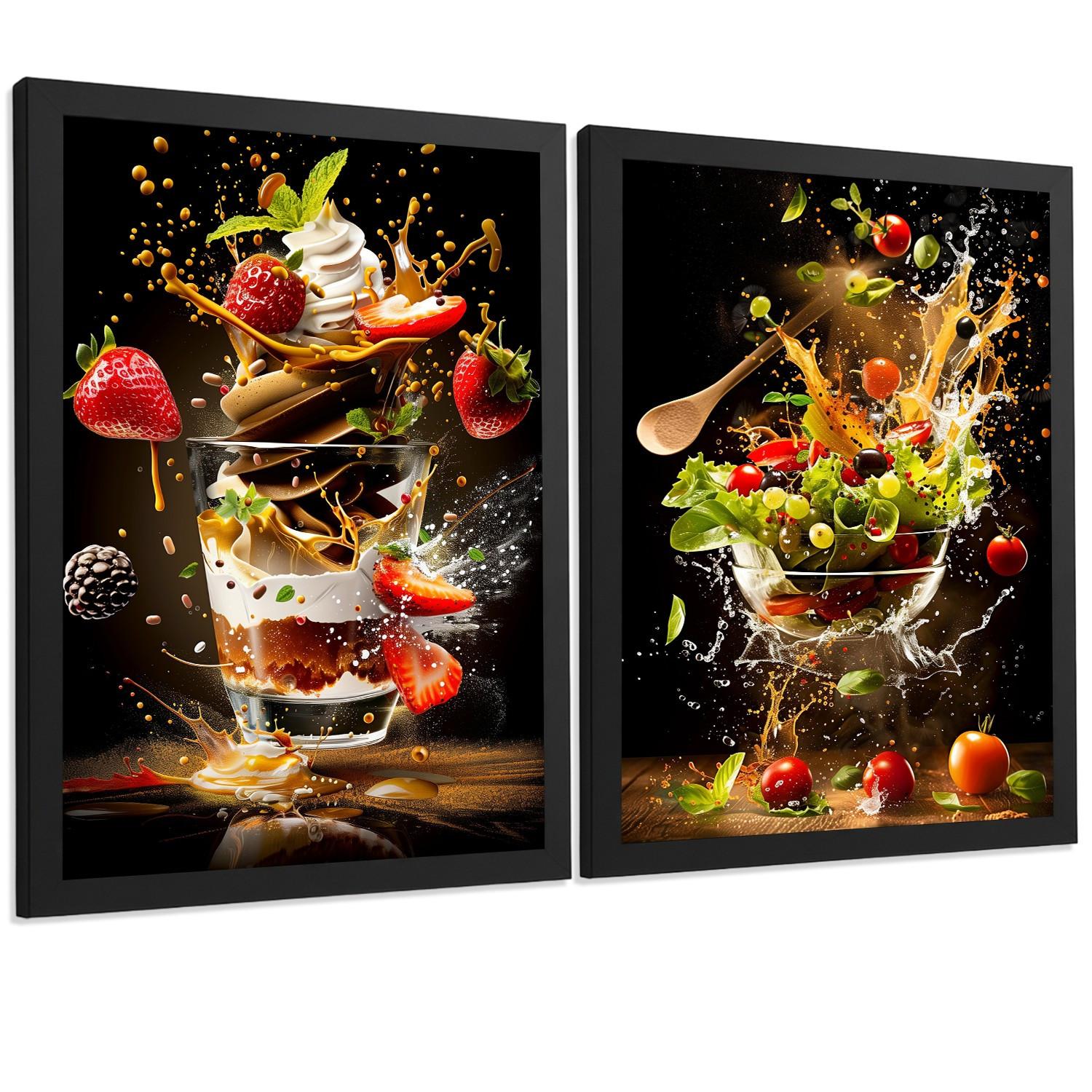 POSTER 2er Set Küchen-Wandbilder Erdbeer-Dessert und Salat Splash Fotografie Schwarzer Hintergrund Deko Rahmenlos A3 - Schwarz, Papier (29.7/1/42cm) - Nacnic