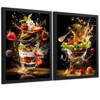 POSTER 2er Set Küchen-Wandbilder Erdbeer-Dessert und Salat Splash Fotografie Schwarzer Hintergrund Deko Rahmenlos A3 - Schwarz, Papier (29.7/1/42cm) - Nacnic
