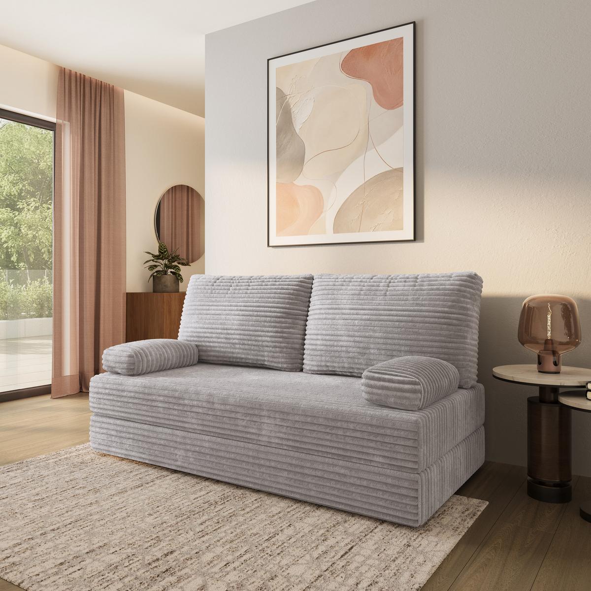 BETTSOFA SILAR aus Schaumstoff Kordstoff Hellgrau Schlaffunktion - Grau, Textil (170/86/80cm) - MASSENO