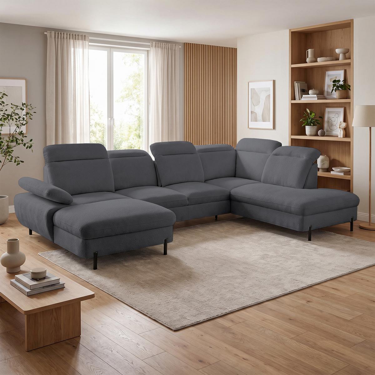 WOHNLANDSCHAFT Sora U mit Schlaffunktion und verstellbarer Sitztiefe, Kopfstützen und Armlehne, 365 cm, Anthrazit, Links - Anthrazit/Schwarz, Textil (365/107/235cm) - Beautysofa
