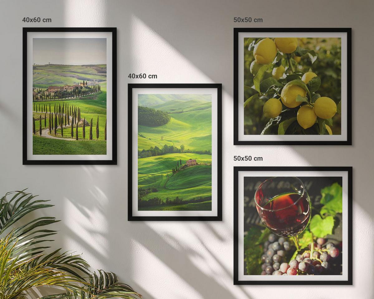 BILDER SET 4er Set - 50x50 cm & 40x60 cm Schwarzer Rahmen - Italienische Landschaften, Zitrushügel - Schwarz, Kunststoff (50/50cm) - TULUP