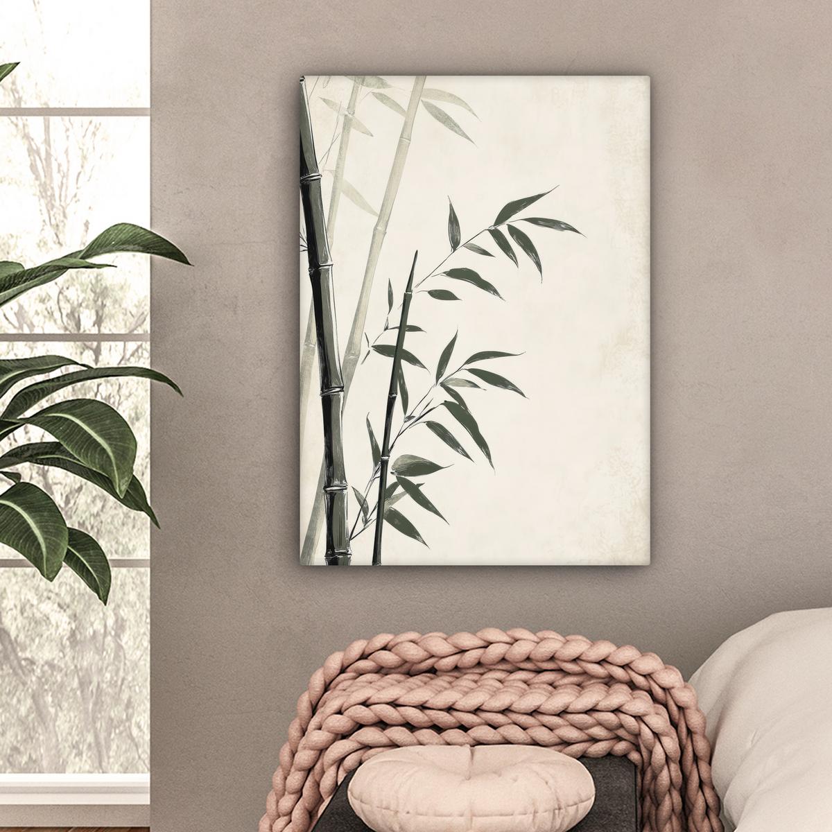 LEINWANDBILD Japandi - Bambus - Beige Wandbild Wohnzimmer 60x80 cm - Eukalyptusholzfarben, Textil (60/80cm) - MuchoWow