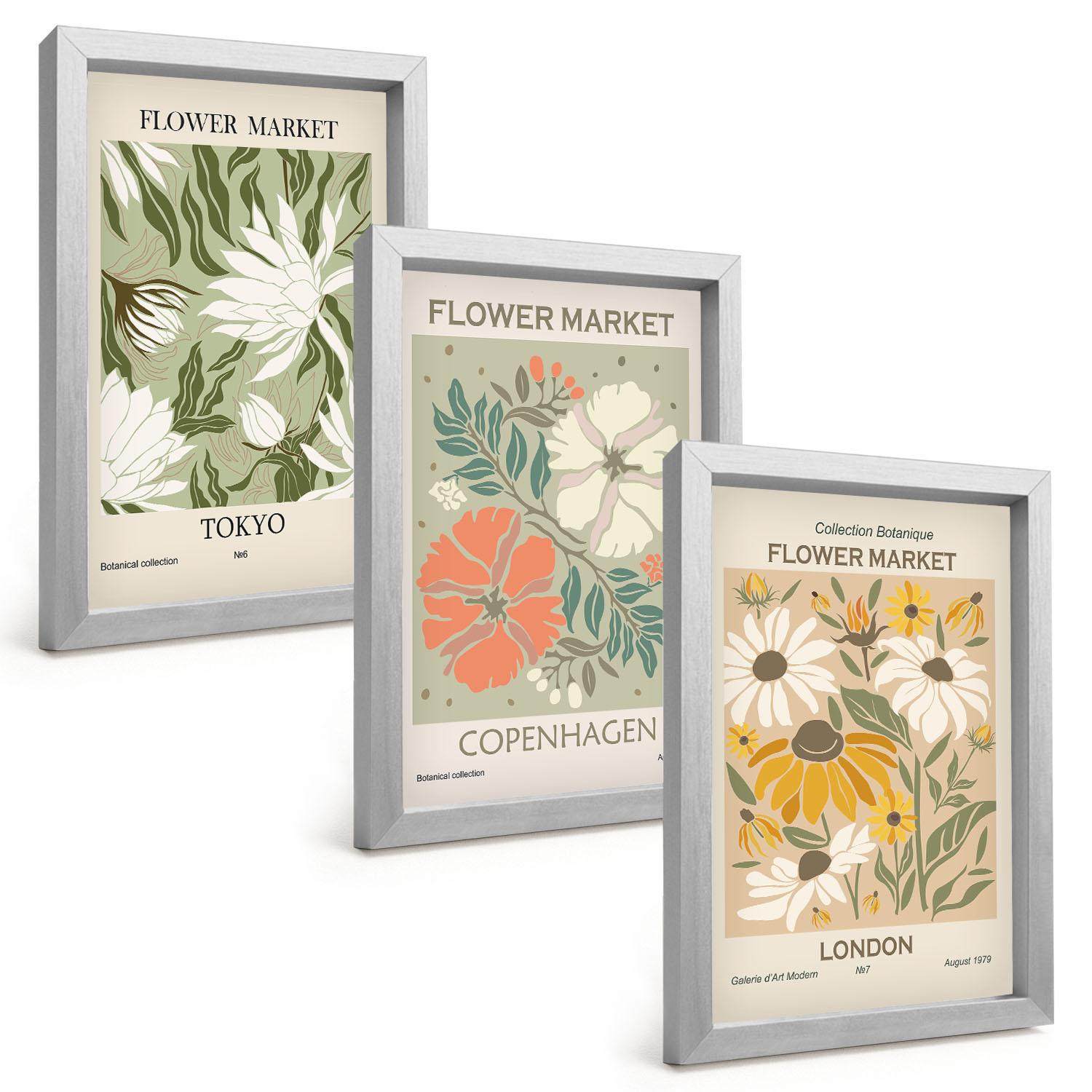 BILDER SET 3er Set - 20x30 cm Silberner Rahmen - Blumenmotive aus Städten auf der ganzen Welt - Silberfarben, Kunststoff (20/30cm) - TULUP