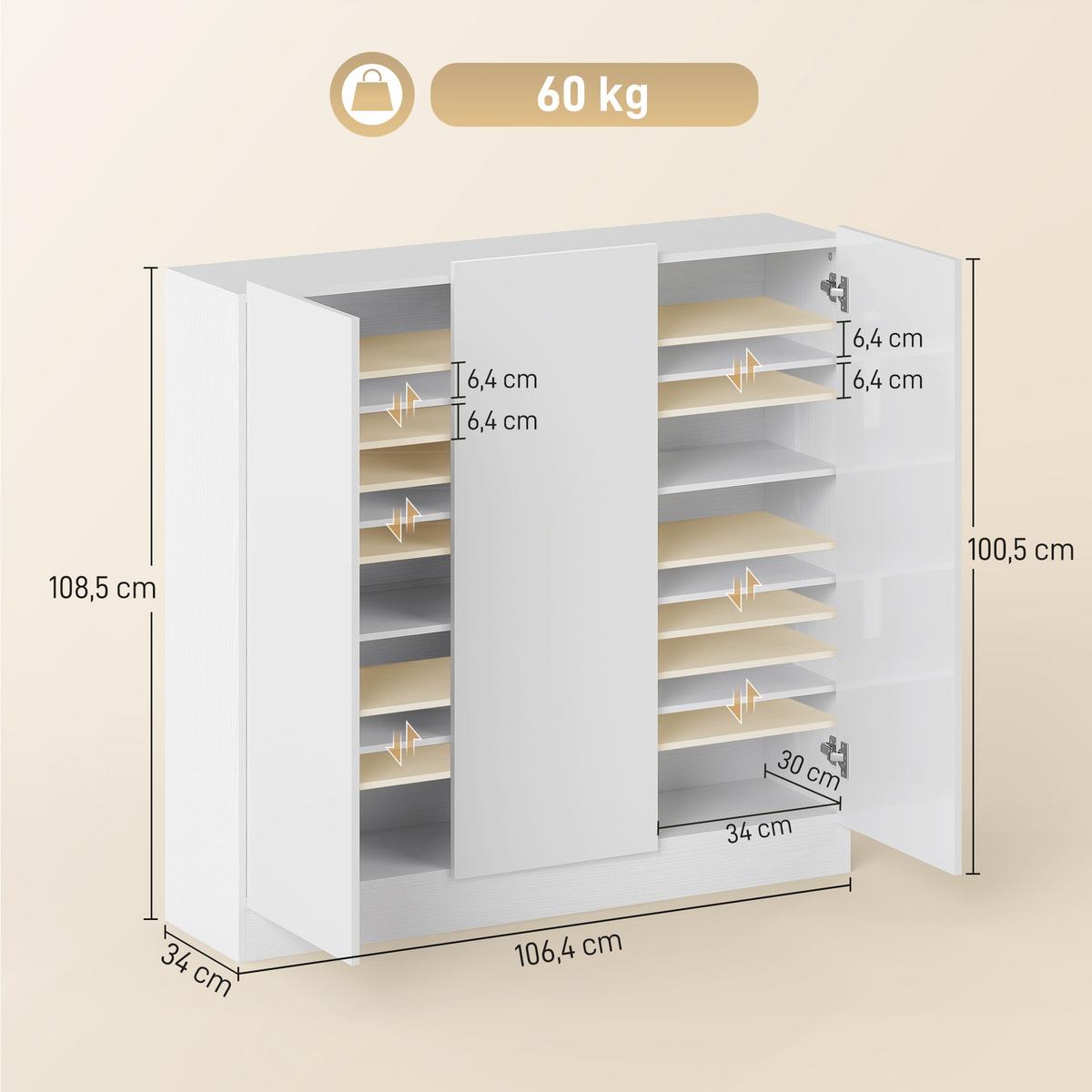 SCHUHSCHRANK, Schuhregal mit Verstellbaren Ablagen, Belüftungslöchern, Weiß - Weiß Hochglanz/Weiß, Holzwerkstoff (34/108.5/106.4cm) - HOMCOM