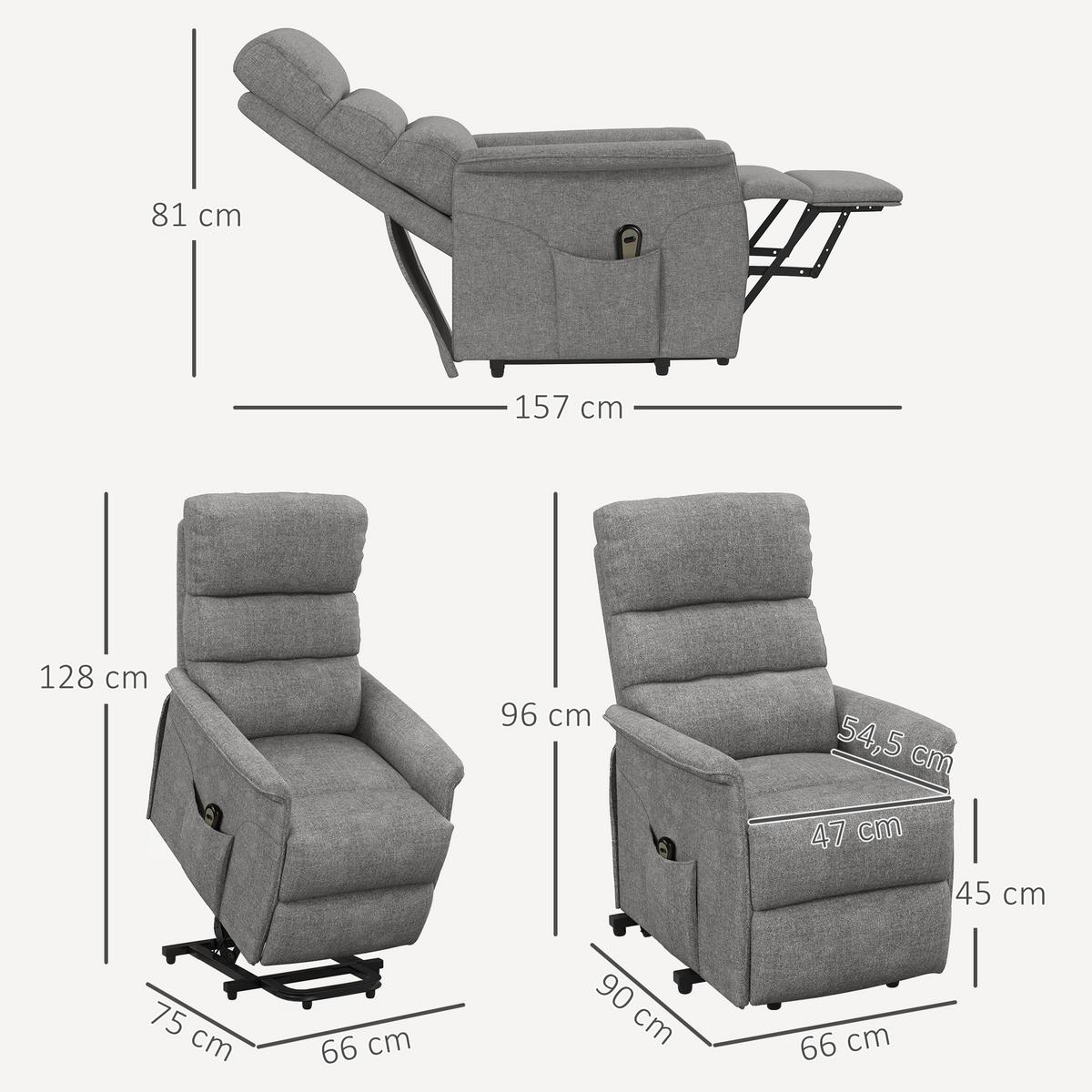 FERNSEHSESSEL mit Aufstehhilfe Elektrisch, Relaxsessel mit Liegefunktion Grau - Schwarz/Grau, Textil/Metall (90/96/66cm) - HOMCOM