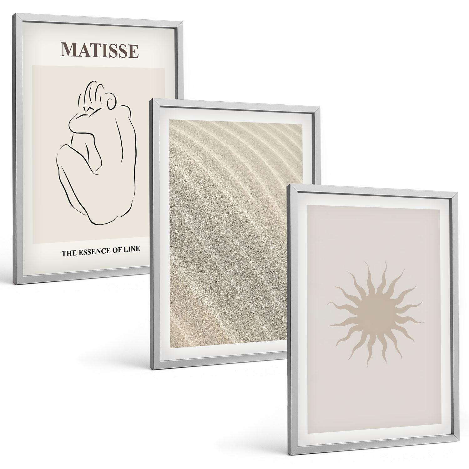 BILDER SET 3er Set - 40x60 cm Silberner Rahmen - Minimalistische Sandlinien Sonne - Silberfarben, Kunststoff (40/60cm) - TULUP